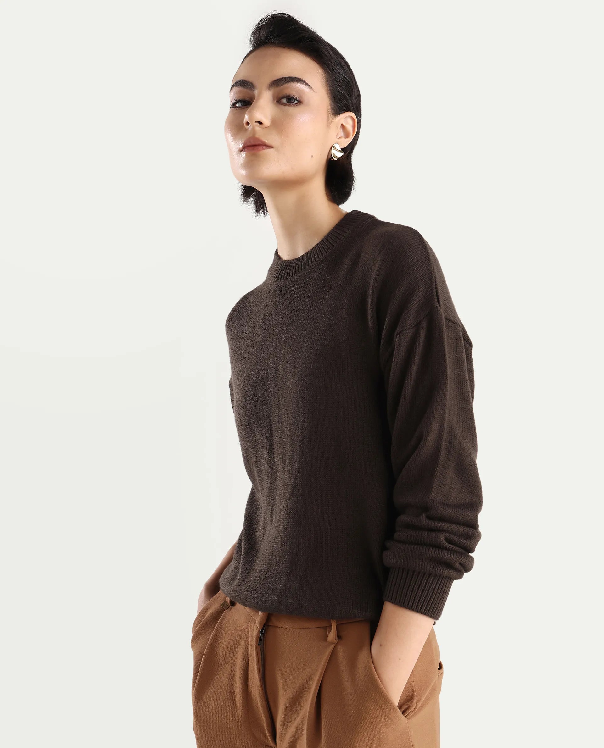 Rareism Women's Ferny Brown Acrylic Turtle Neck Plain Regular Fit Sweater