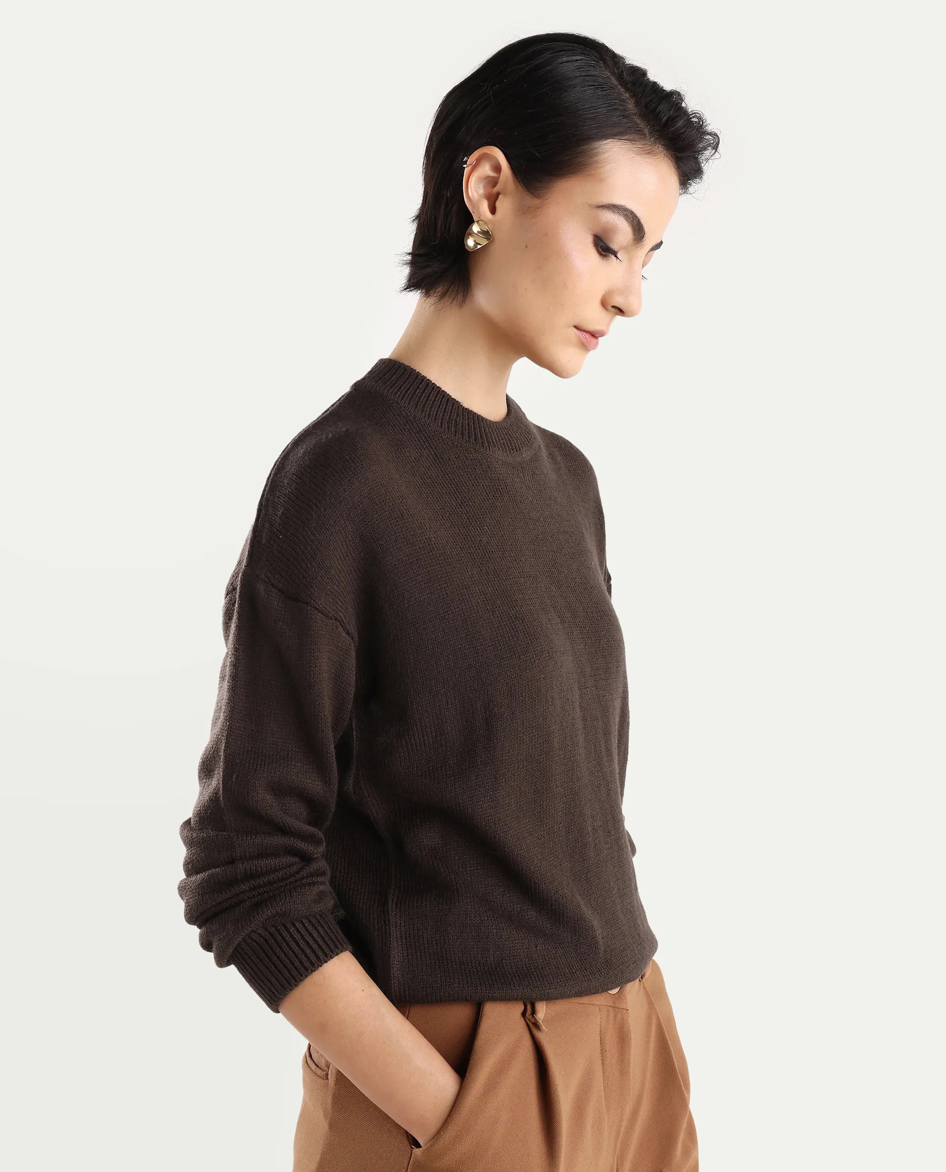 Rareism Women's Ferny Brown Acrylic Turtle Neck Plain Regular Fit Sweater