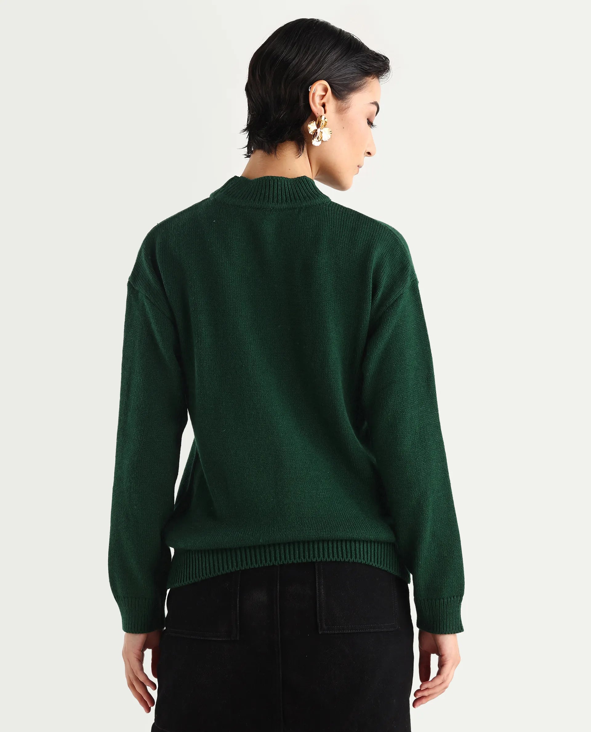 Rareism Women's Ferny Green Acrylic Turtle Neck Plain Regular Fit Sweater
