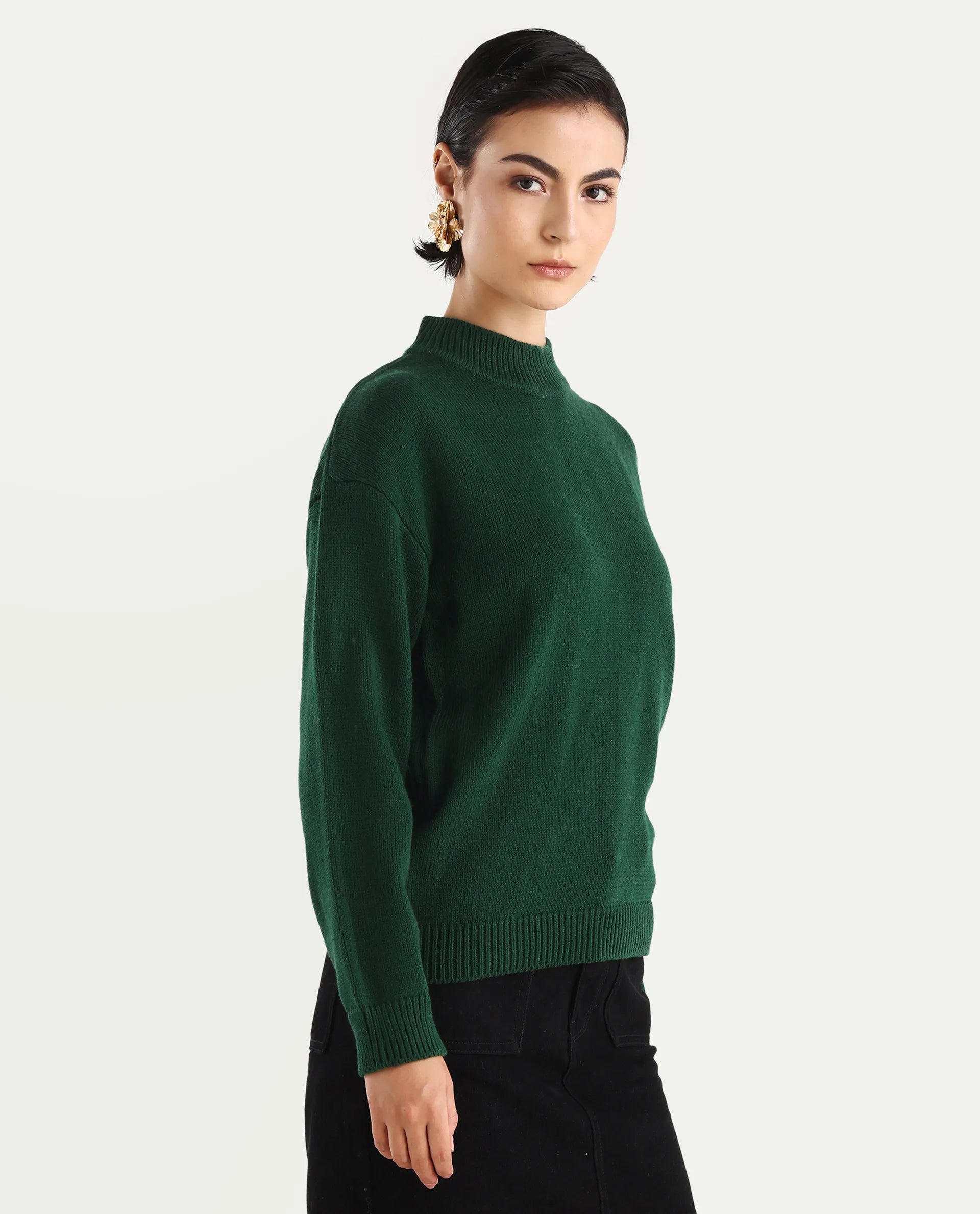 Rareism Women's Ferny Green Acrylic Turtle Neck Plain Regular Fit Sweater