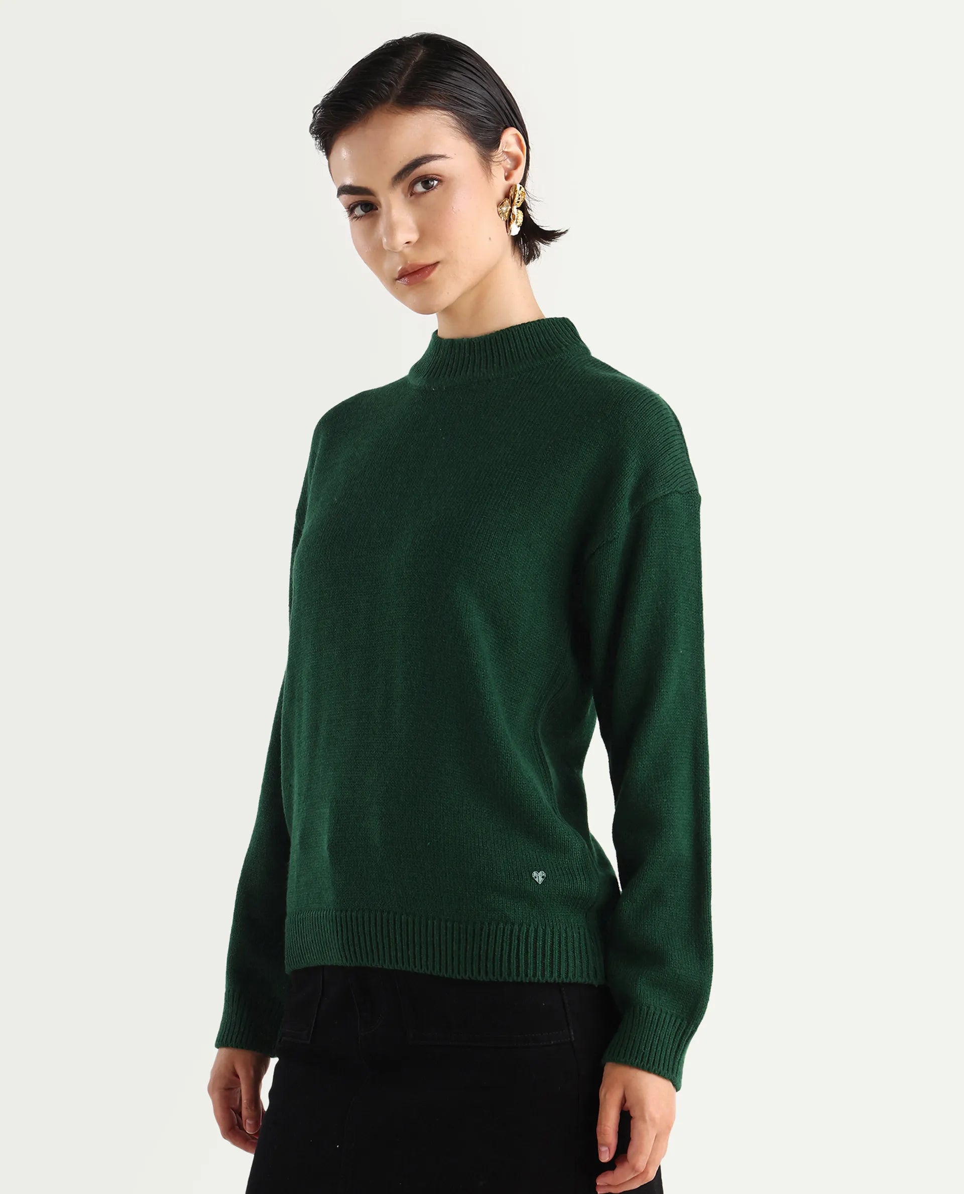 Rareism Women's Ferny Green Acrylic Turtle Neck Plain Regular Fit Sweater