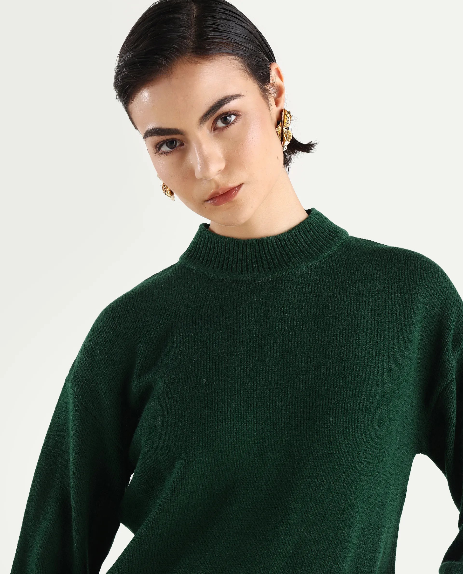 Rareism Women's Ferny Green Acrylic Turtle Neck Plain Regular Fit Sweater