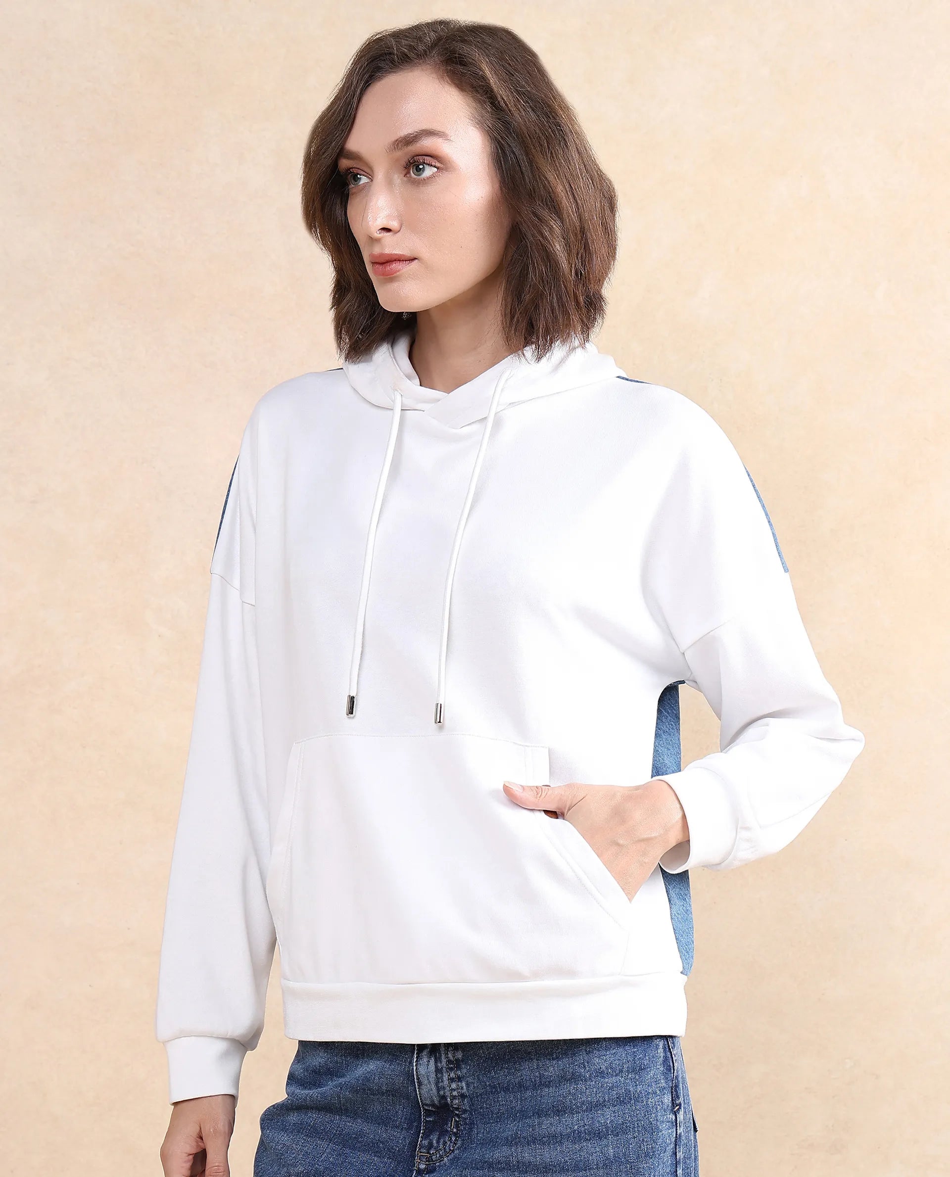 Rareism Women Ferra White Cotton Blend Fabric Full Sleeve Hooded Relaxed Fit Plain Sweatshirt