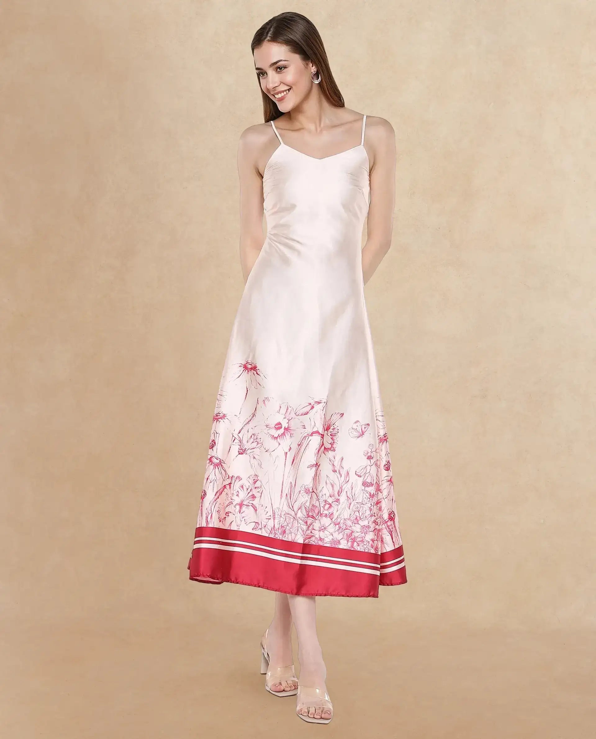 Rareism Women Ferrara Beige Sleeveless Shoulder Straps Zip Bodycon Maxi Floral Print Dress