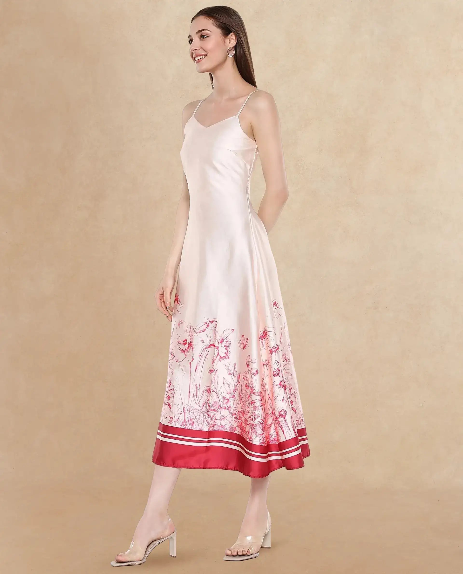 Rareism Women Ferrara Beige Sleeveless Shoulder Straps Zip Bodycon Maxi Floral Print Dress