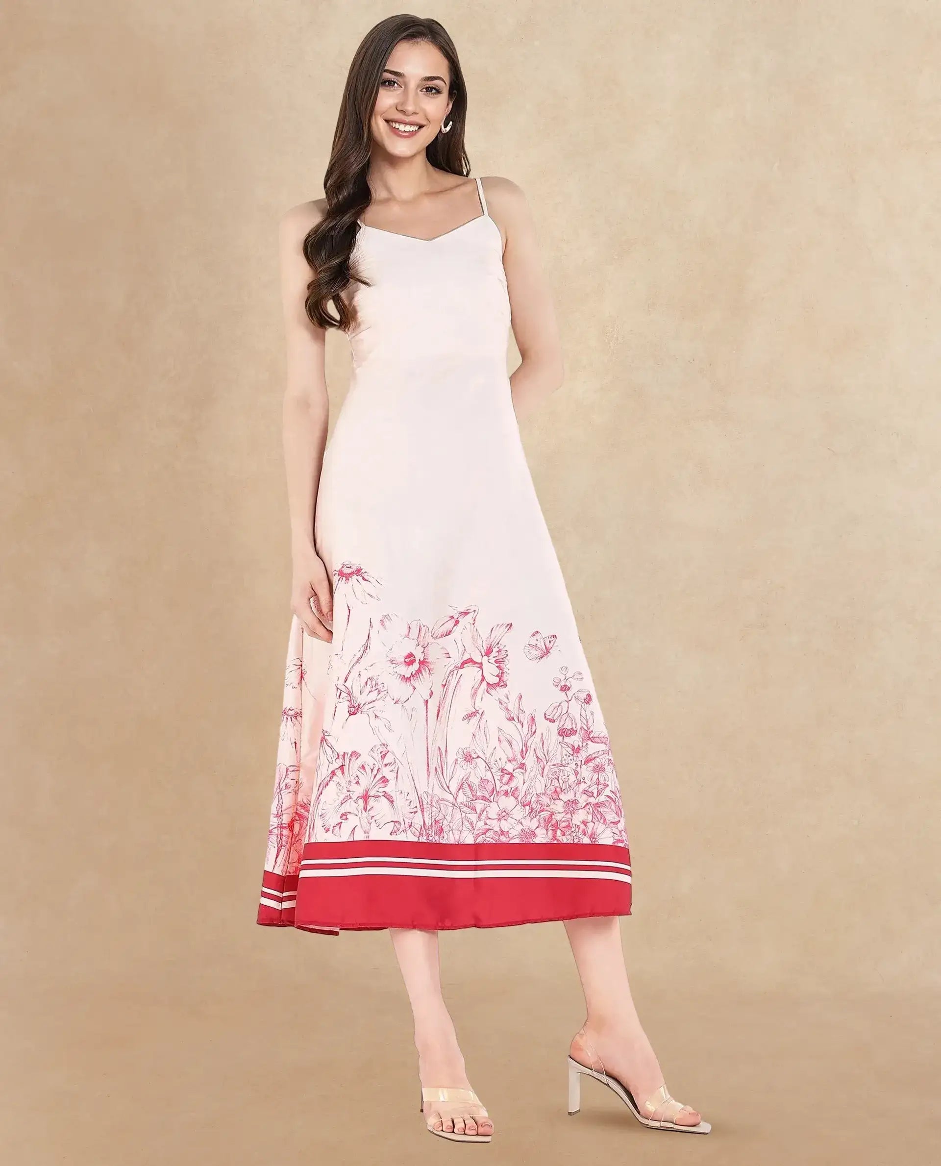 Rareism Women Ferrara Beige Sleeveless Shoulder Straps Zip Bodycon Maxi Floral Print Dress