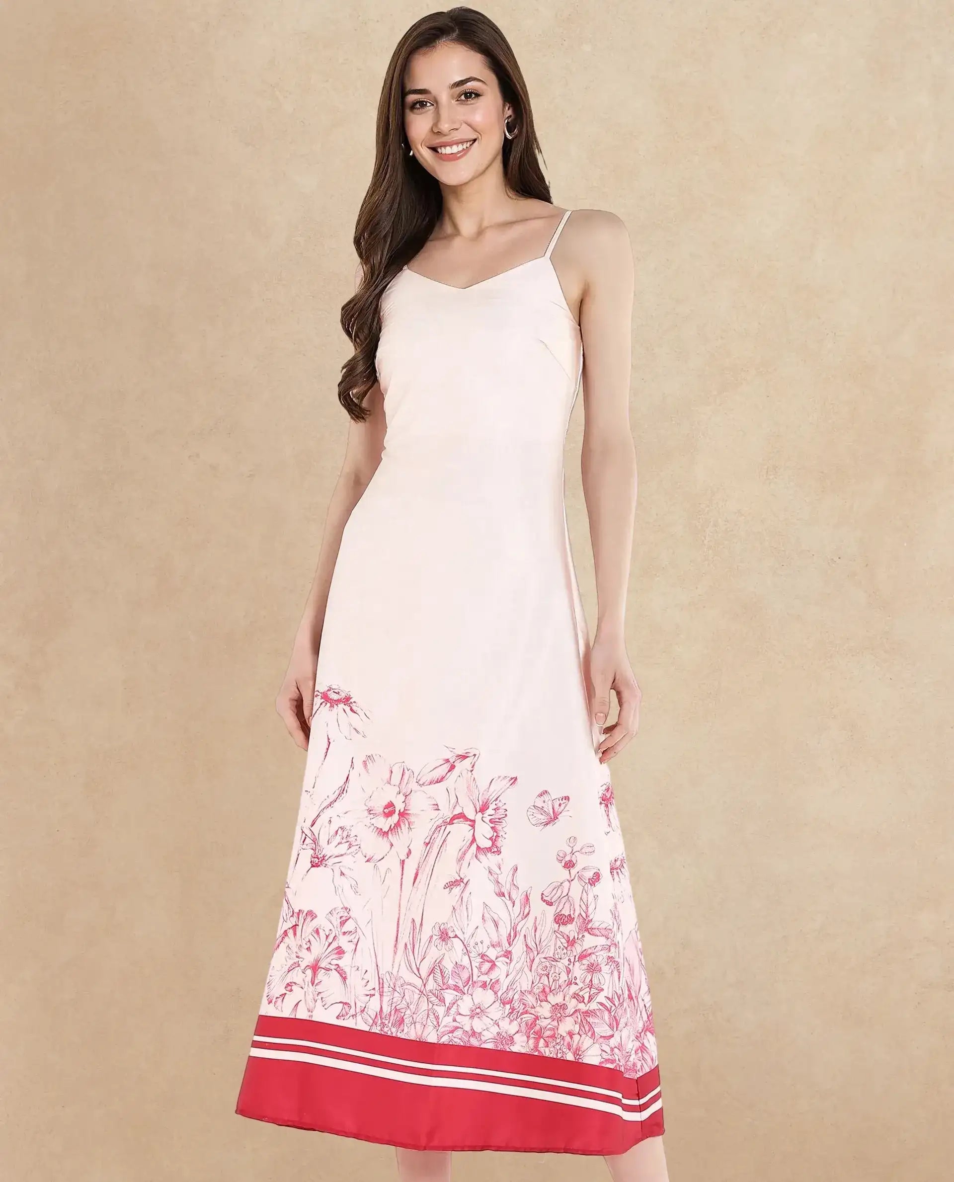 Rareism Women Ferrara Beige Sleeveless Shoulder Straps Zip Bodycon Maxi Floral Print Dress