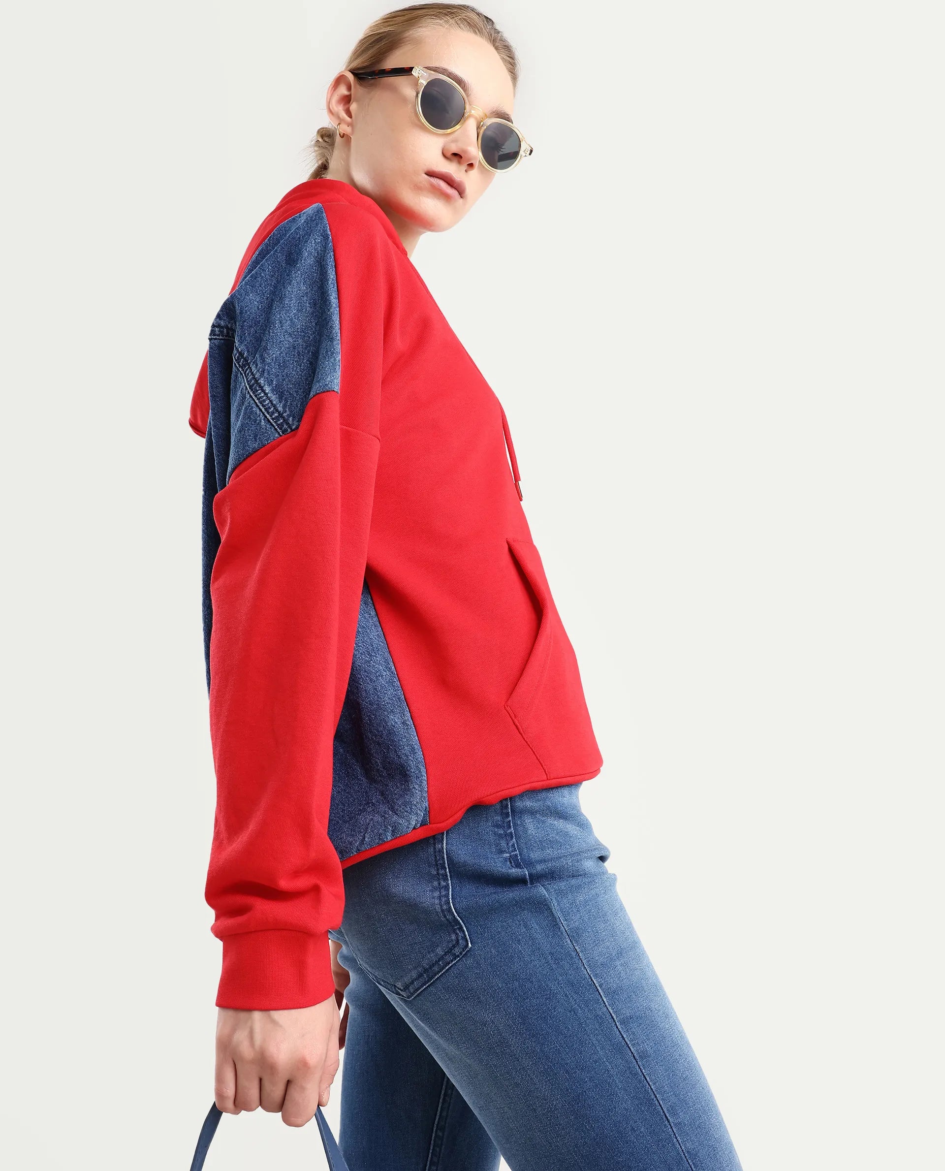 Rareism Women's Ferra Red Cotton Blend Hooded Plain Relaxed Fit Sweatshirt