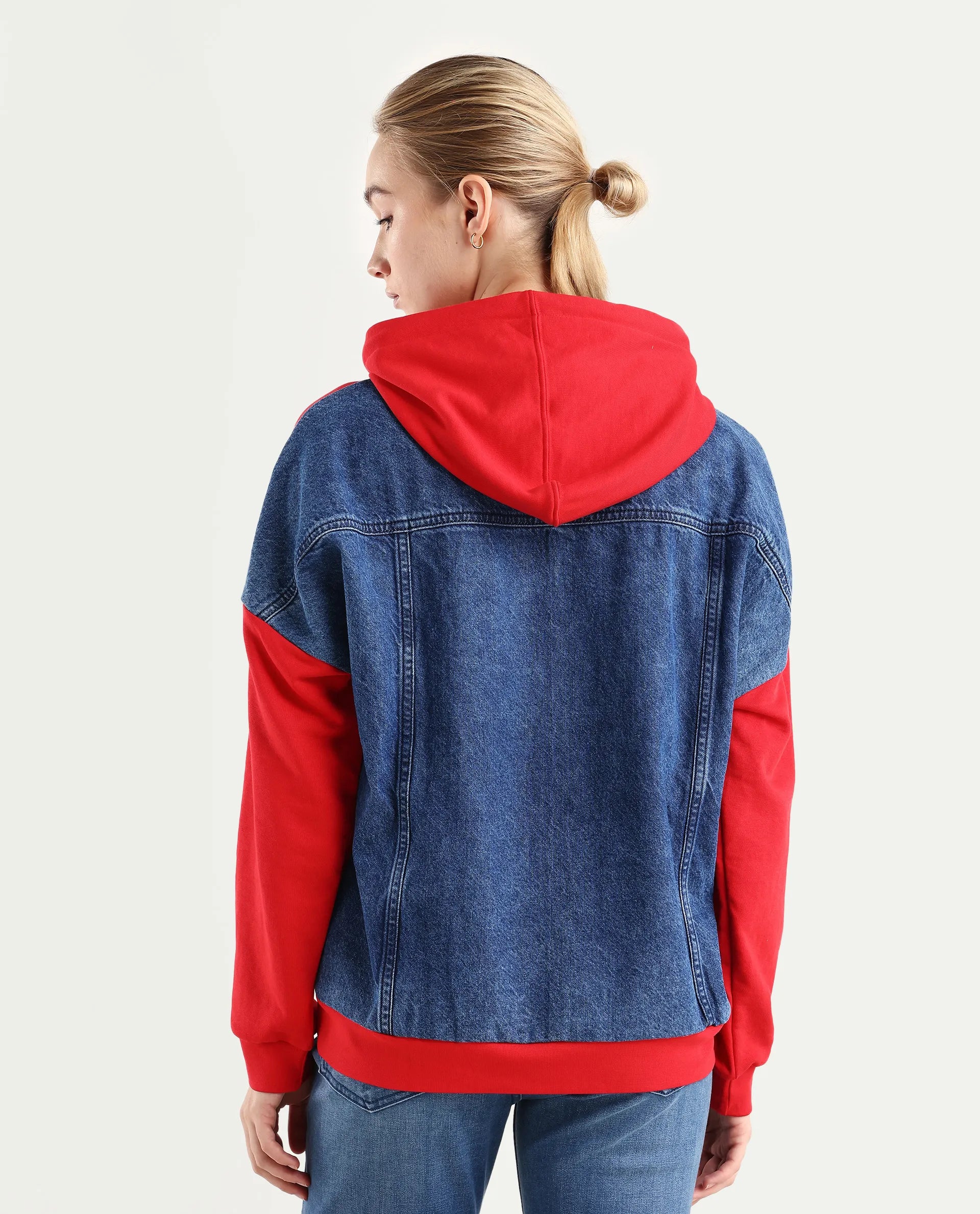 Rareism Women's Ferra Red Cotton Blend Hooded Plain Relaxed Fit Sweatshirt