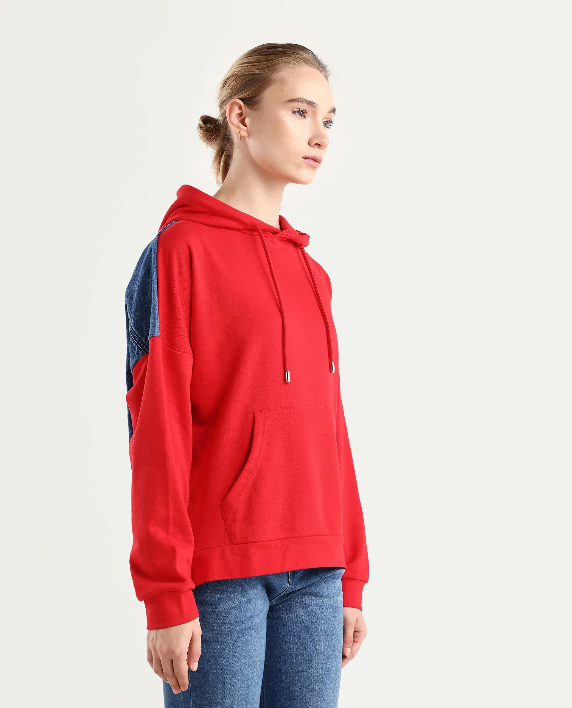 Rareism Women's Ferra Red Cotton Blend Hooded Plain Relaxed Fit Sweatshirt