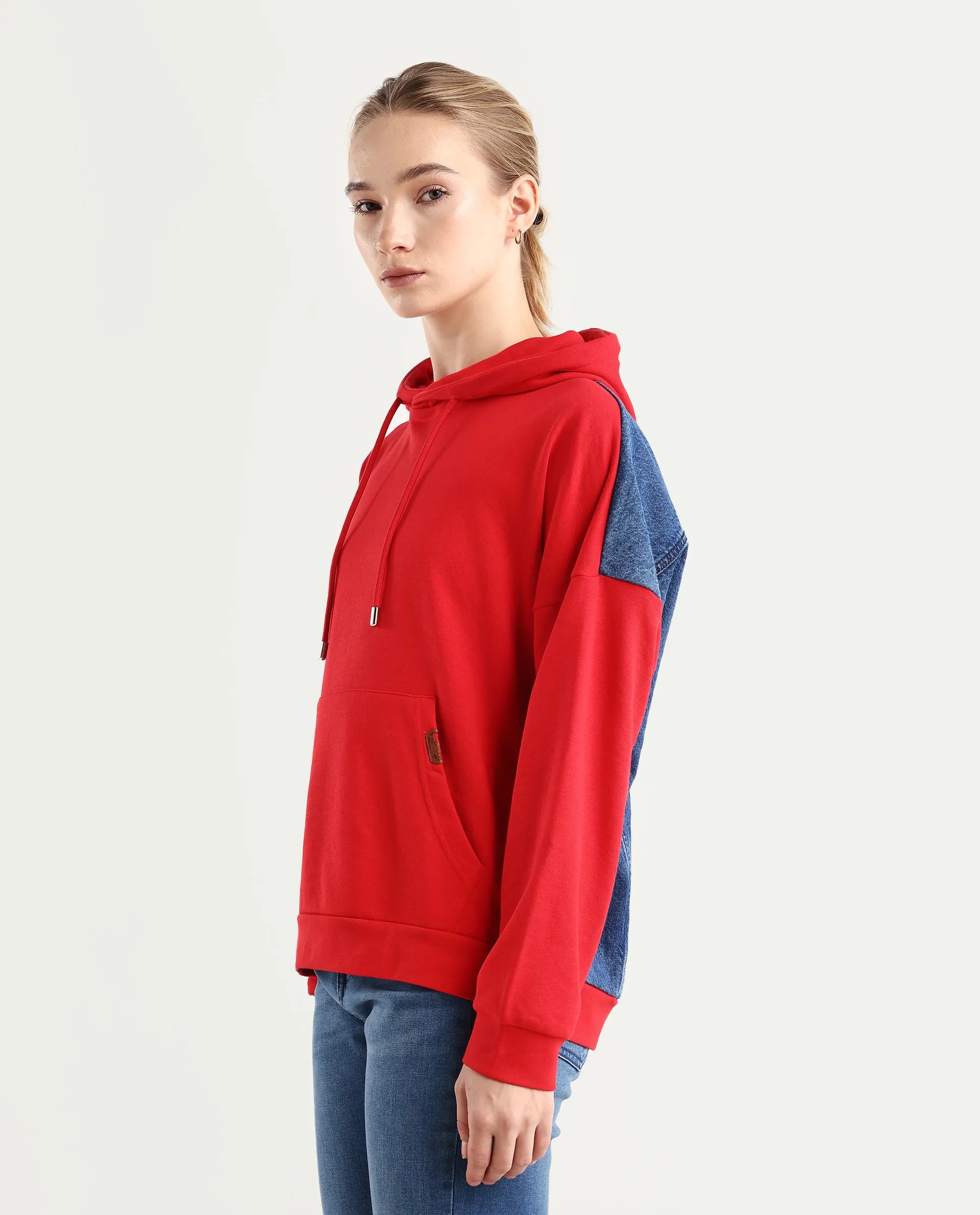 Rareism Women's Ferra Red Cotton Blend Hooded Plain Relaxed Fit Sweatshirt