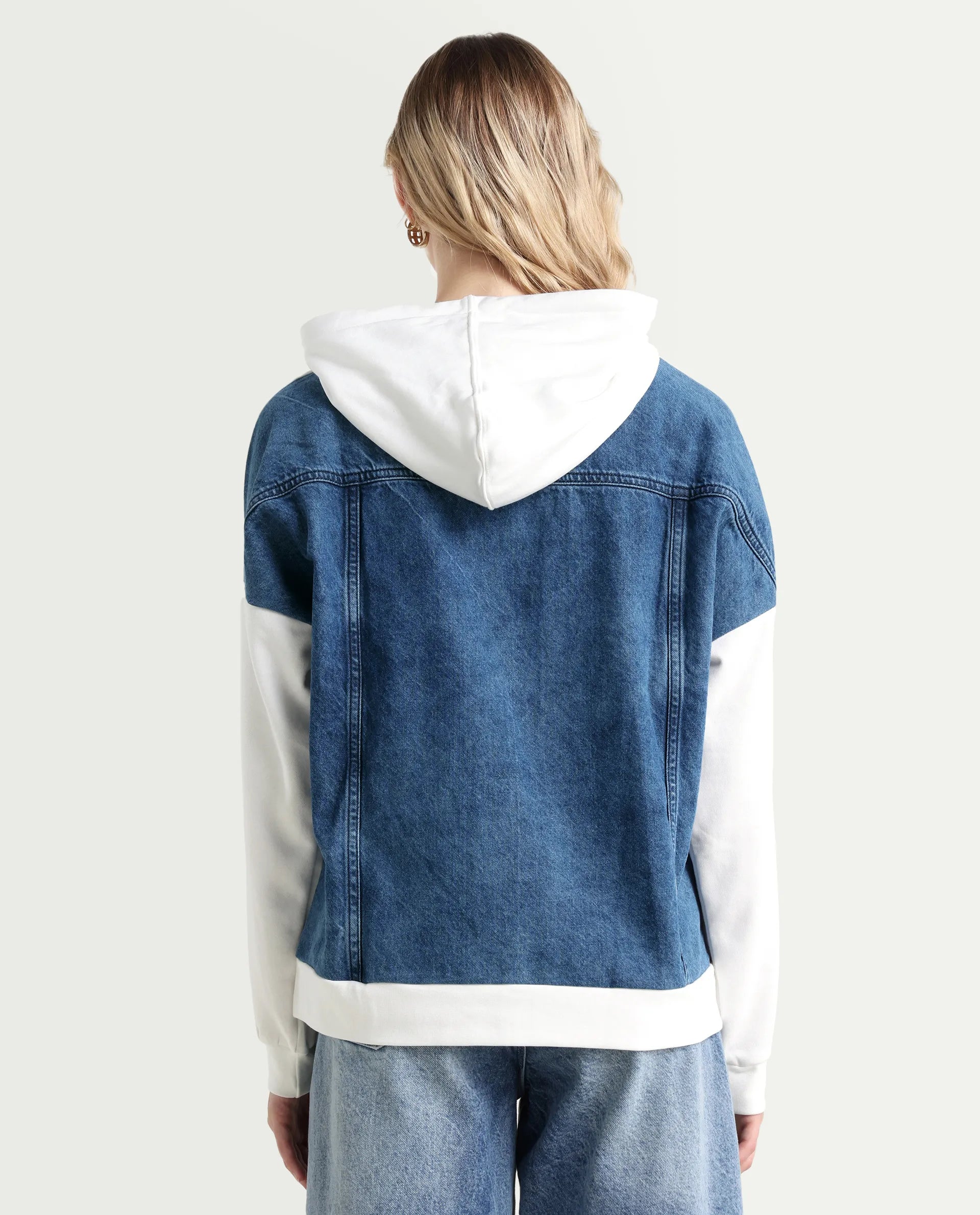 Rareism Women's Ferra White Cotton Blend Hooded Plain Relaxed Fit Sweatshirt