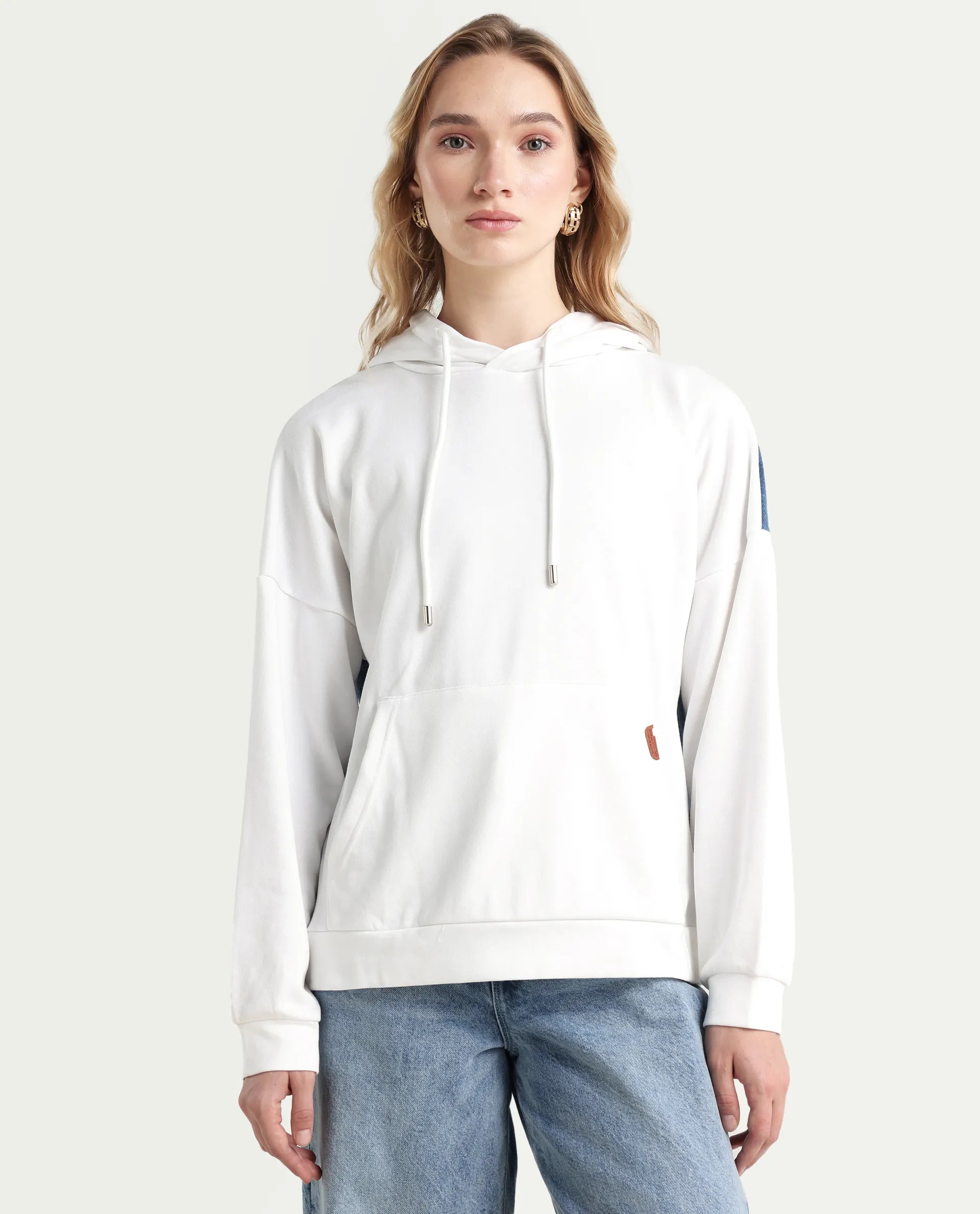 Rareism Women's Ferra White Cotton Blend Hooded Plain Relaxed Fit Sweatshirt