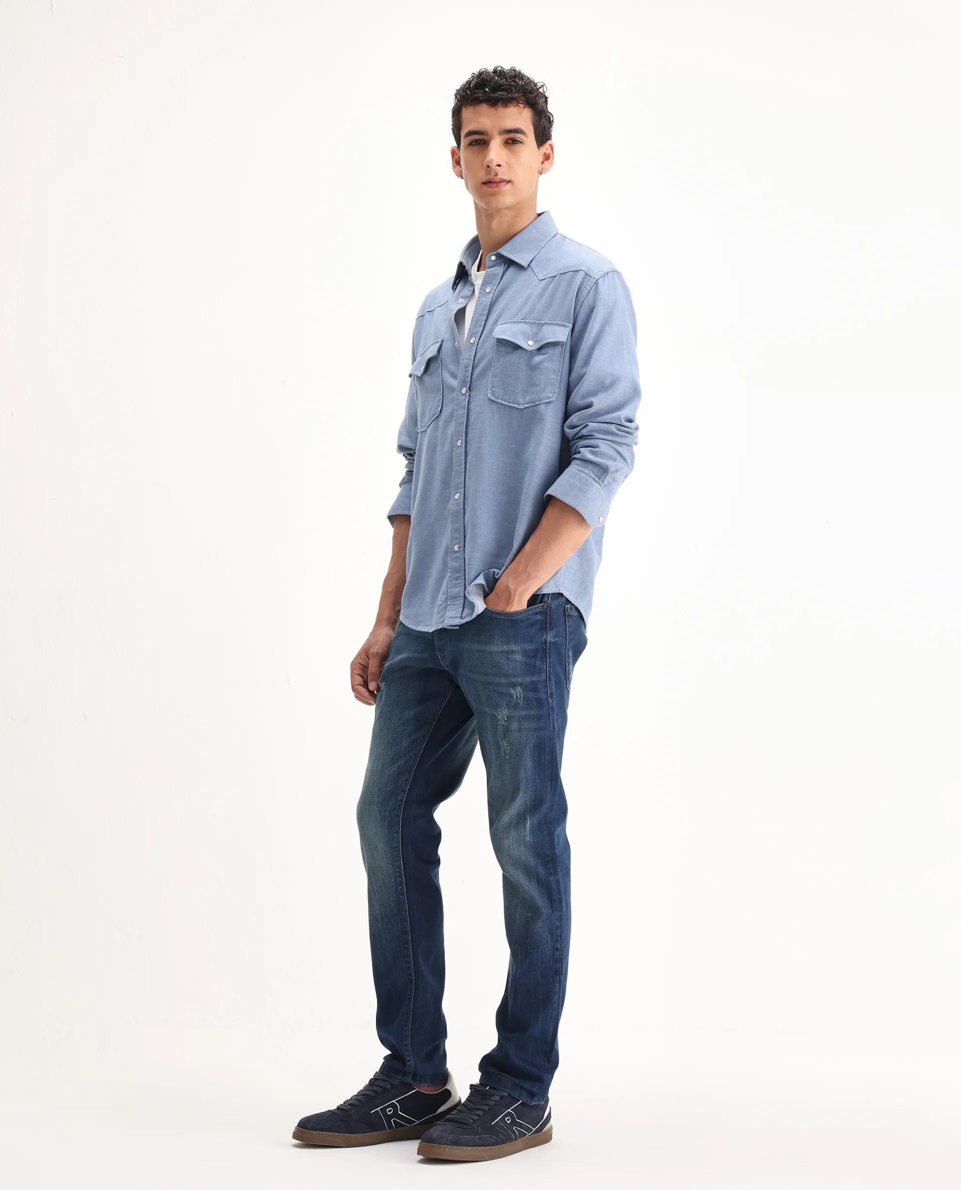 Rare Rabbit Men's Ferrer Navy Cotton Plain Hawk Slim Fit Jeans