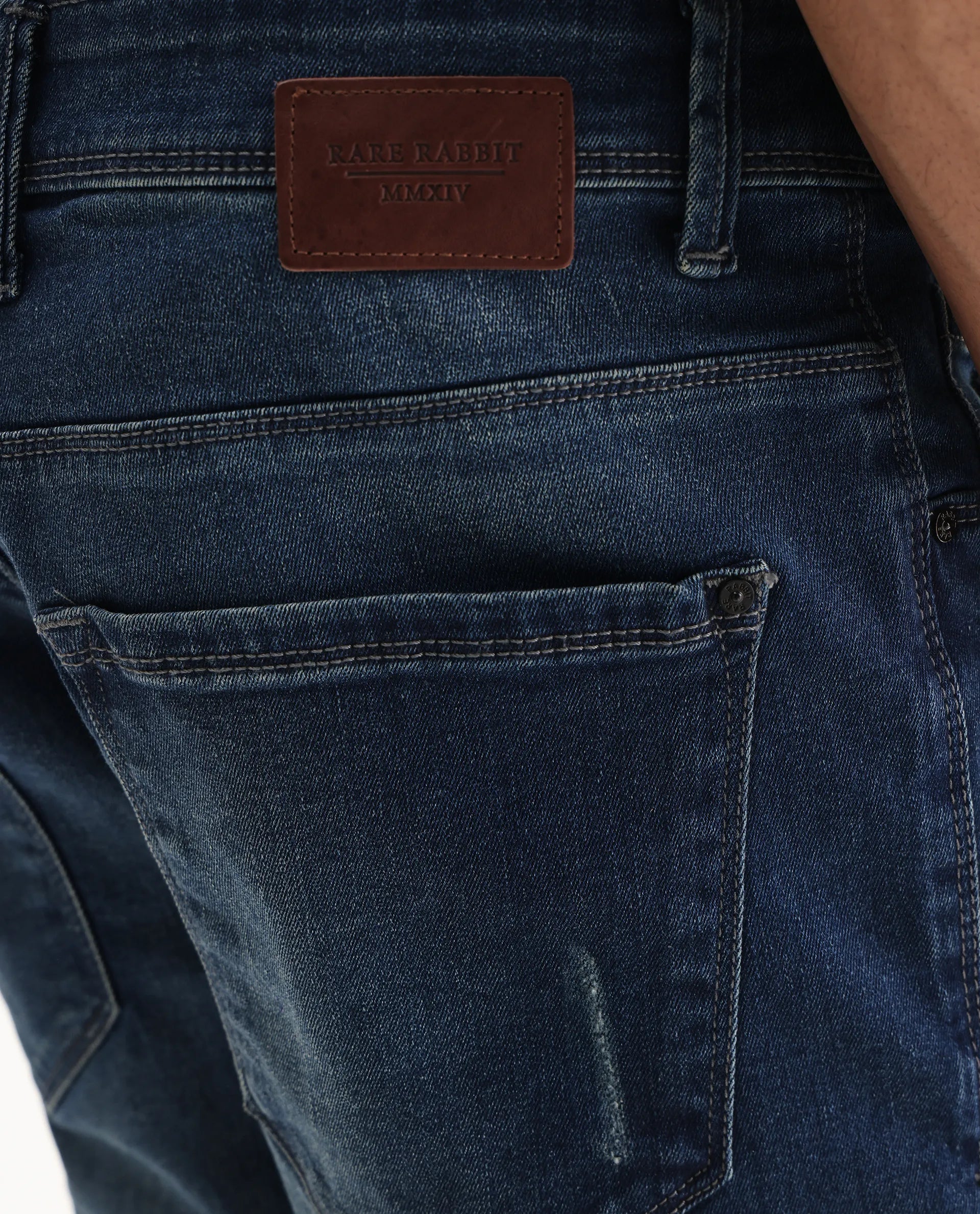 Rare Rabbit Men's Ferrer Navy Cotton Plain Hawk Slim Fit Jeans