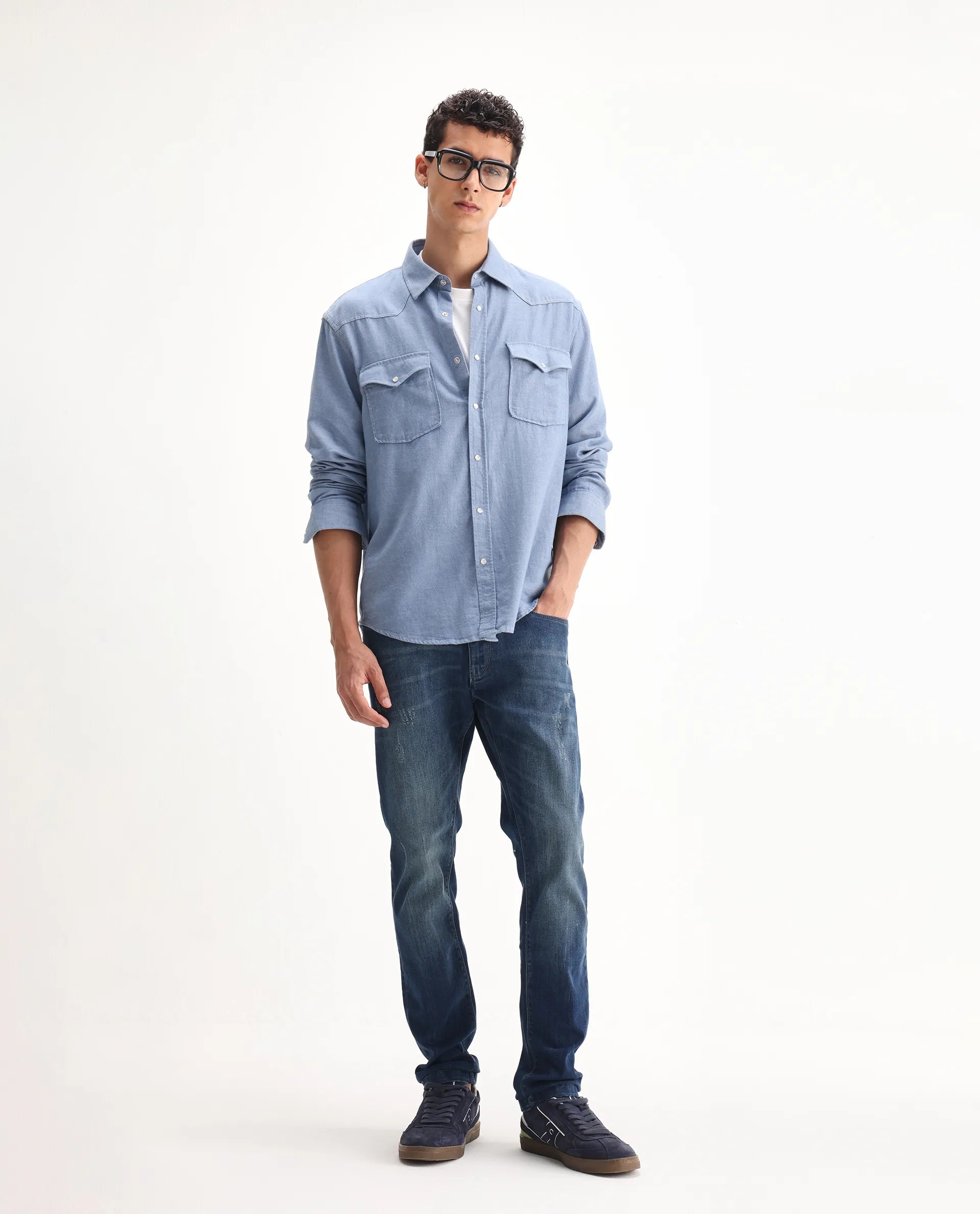 Rare Rabbit Men's Ferrer Navy Cotton Plain Hawk Slim Fit Jeans