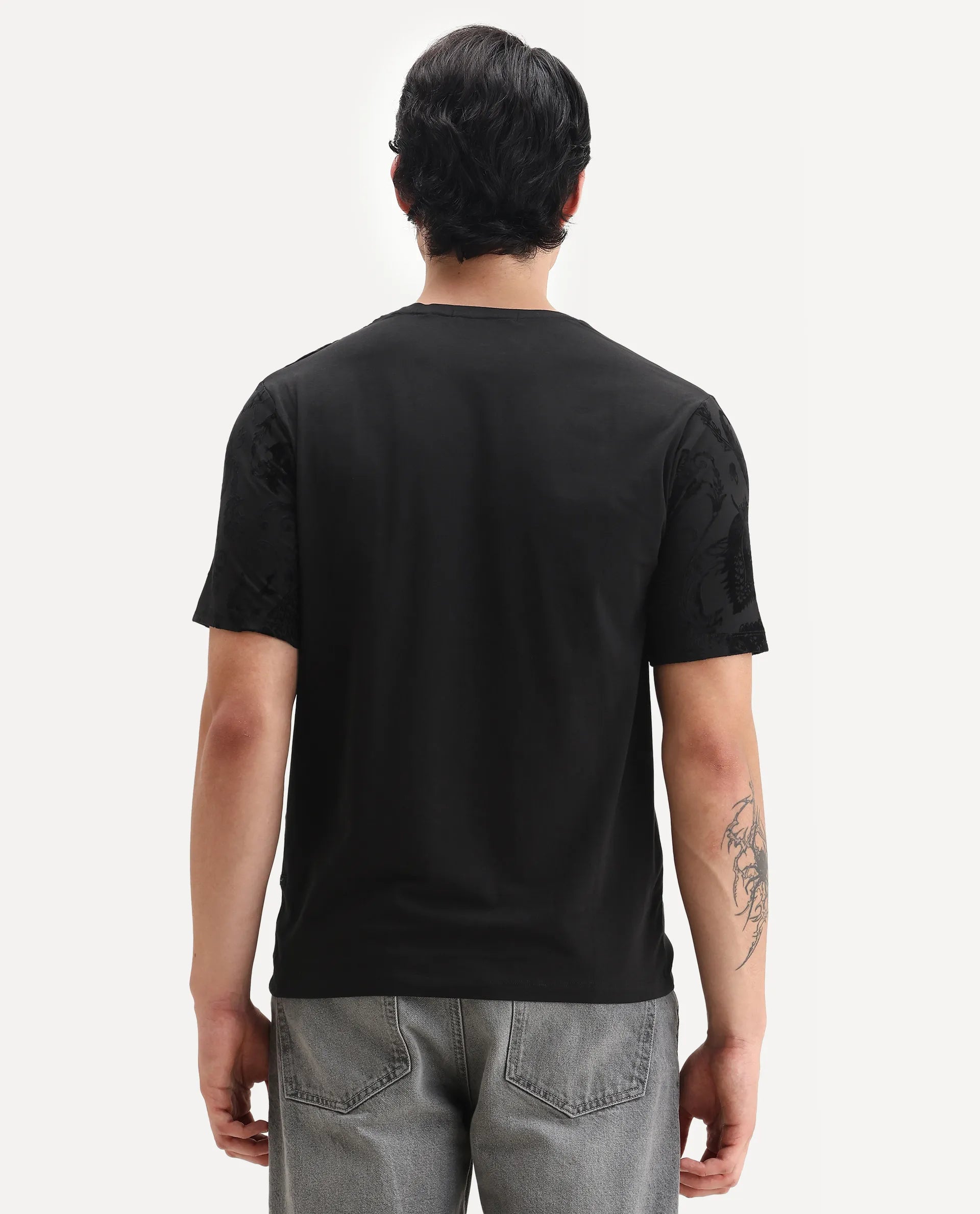 Rare Rabbit Men's Ferris-1 Black Cotton Blend Paisley Print Regular Fit Half Sleeve Crew Neck T-Shirt