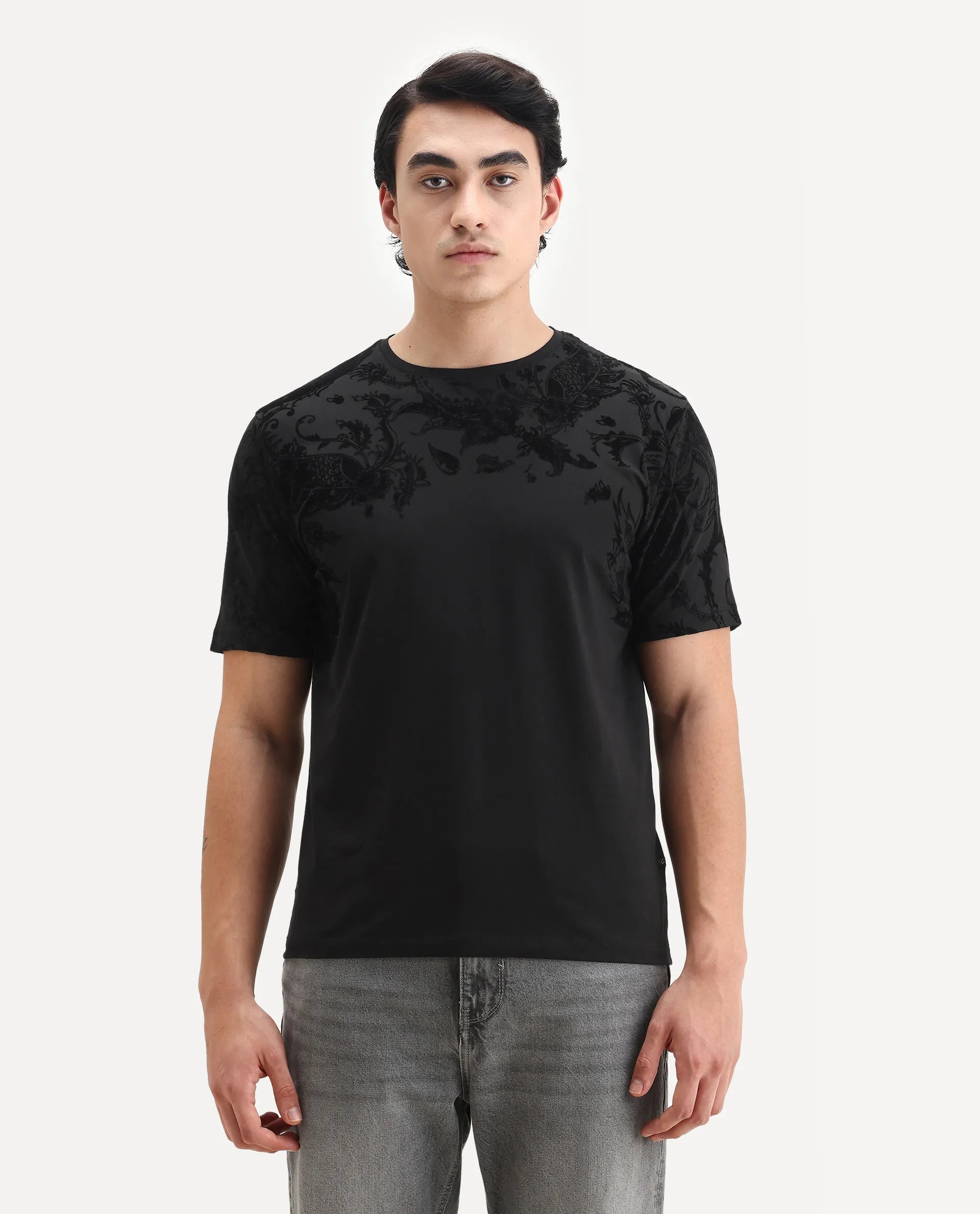 Rare Rabbit Men's Ferris-1 Black Cotton Blend Paisley Print Regular Fit Half Sleeve Crew Neck T-Shirt