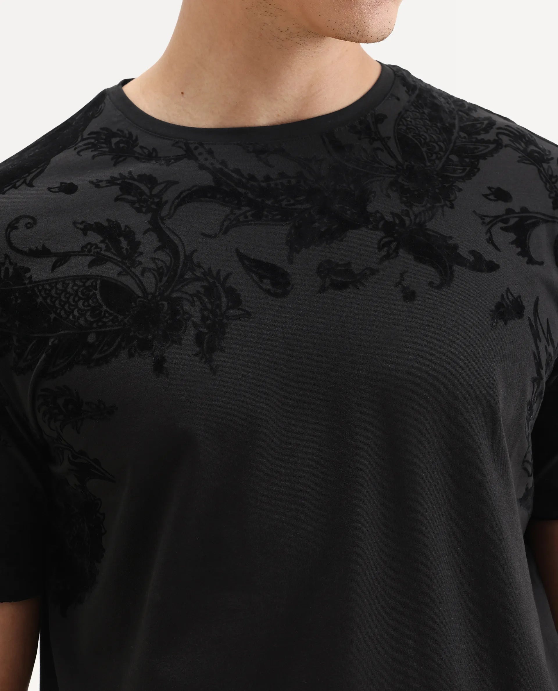 Rare Rabbit Men's Ferris-1 Black Cotton Blend Paisley Print Regular Fit Half Sleeve Crew Neck T-Shirt