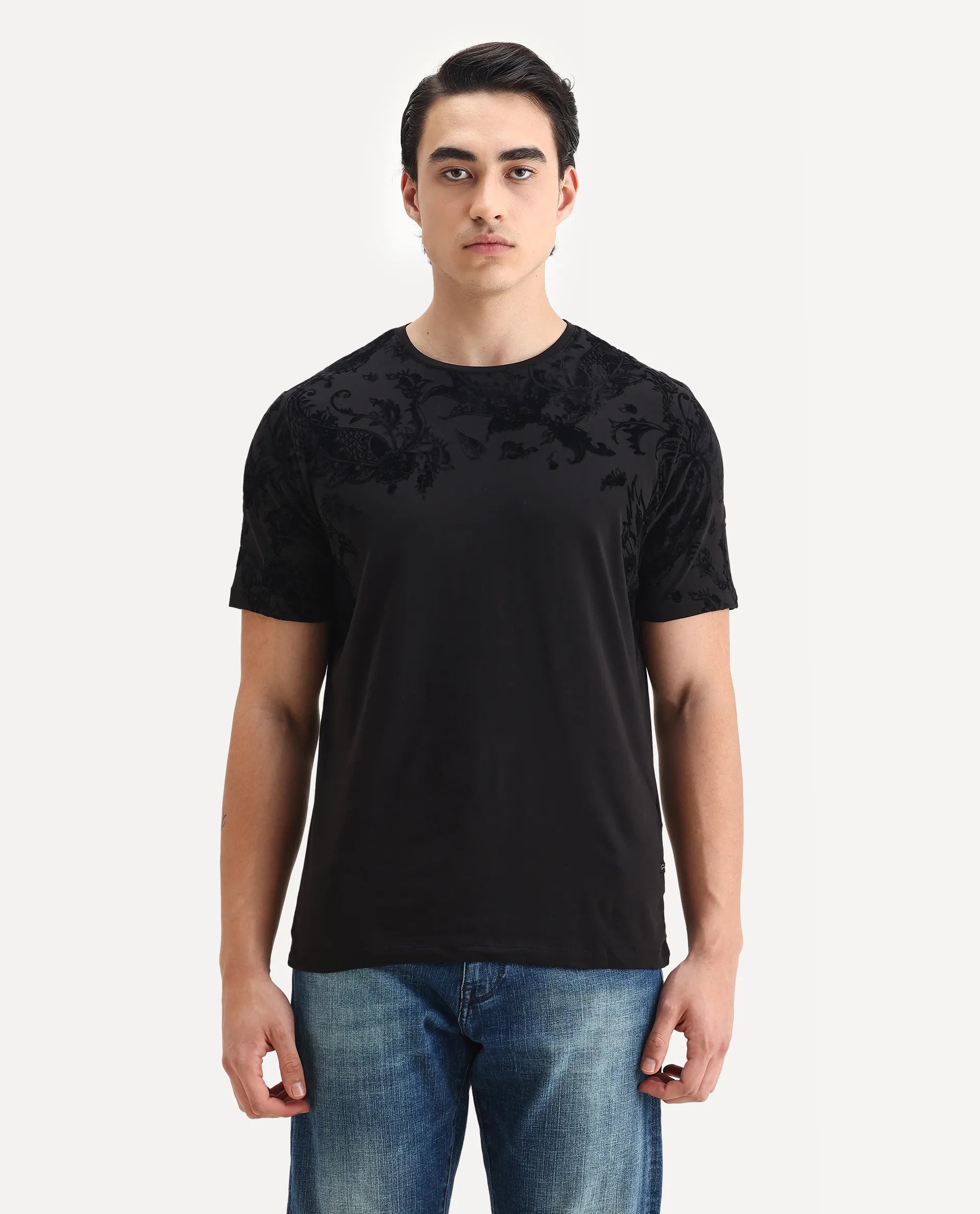 Rare Rabbit Men's Guild Statement Ferris Black Cotton Paisley Print Regular Fit Half Sleeve Crew Neck T-Shirt
