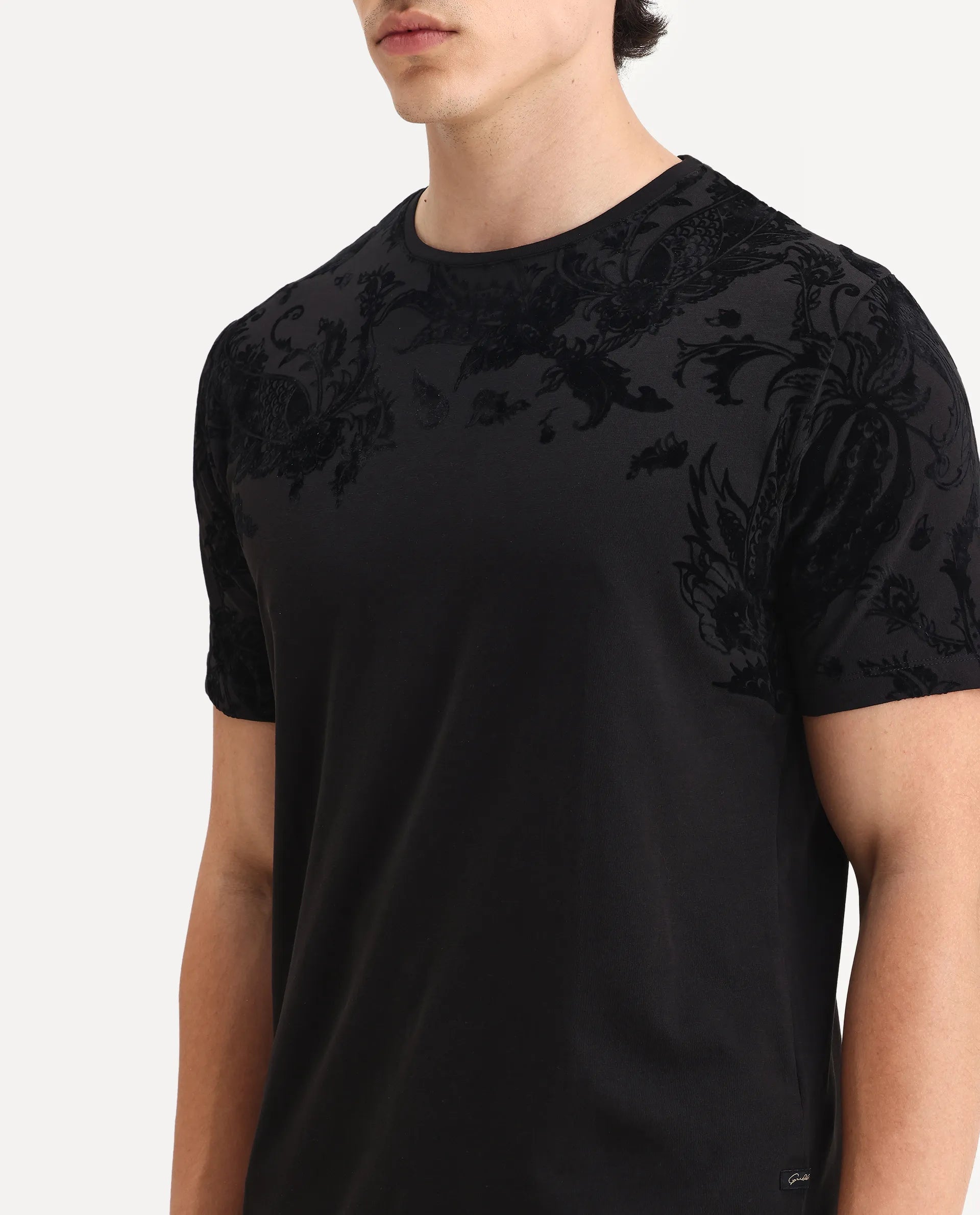 Rare Rabbit Men's Guild Statement Ferris Black Cotton Paisley Print Regular Fit Half Sleeve Crew Neck T-Shirt