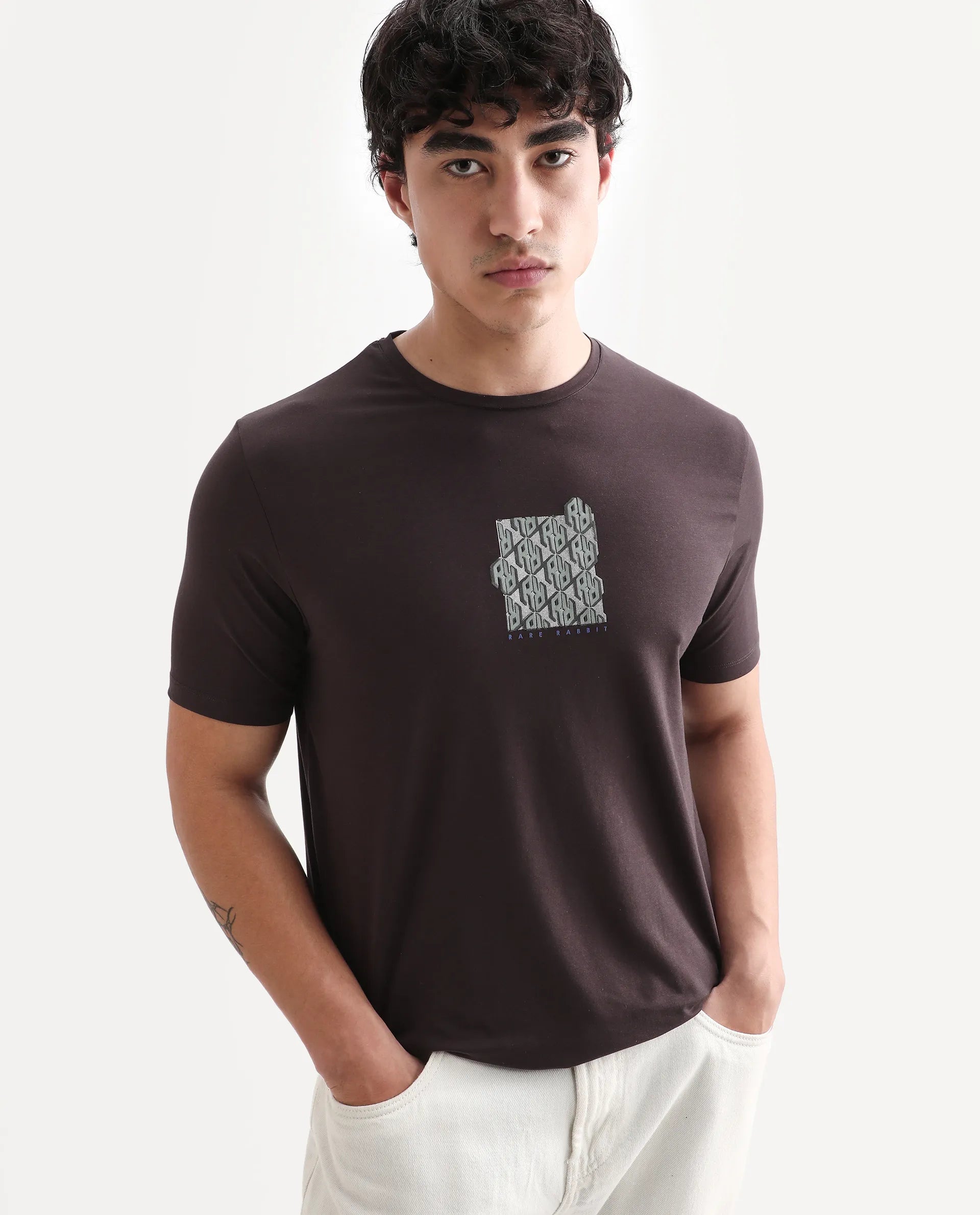 Rare Rabbit Men's Feso Dark Brown Cotton Blend Graphic Print Regular Fit Half Sleeve Crew Neck T-Shirt