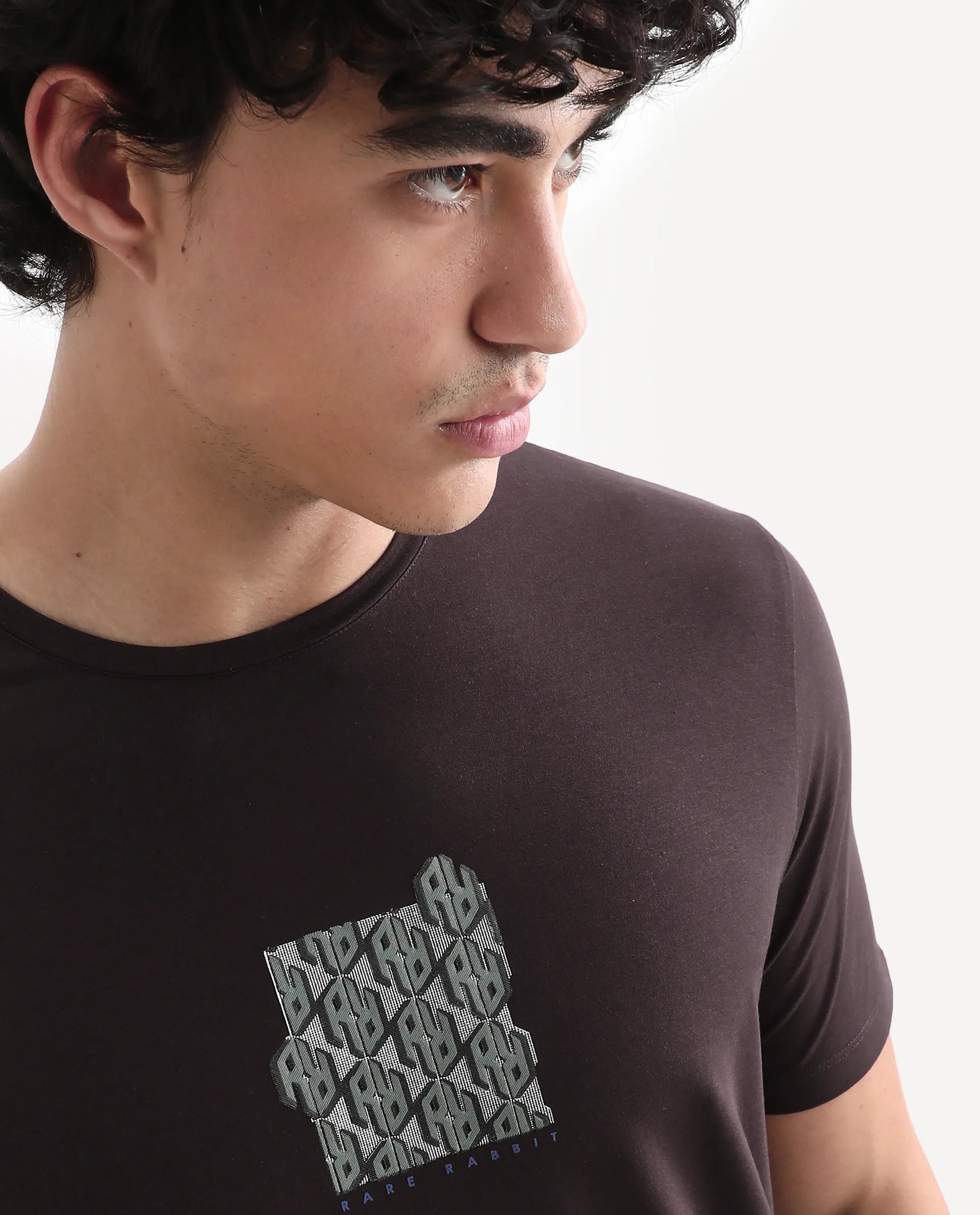 Rare Rabbit Men's Feso Dark Brown Cotton Blend Graphic Print Regular Fit Half Sleeve Crew Neck T-Shirt