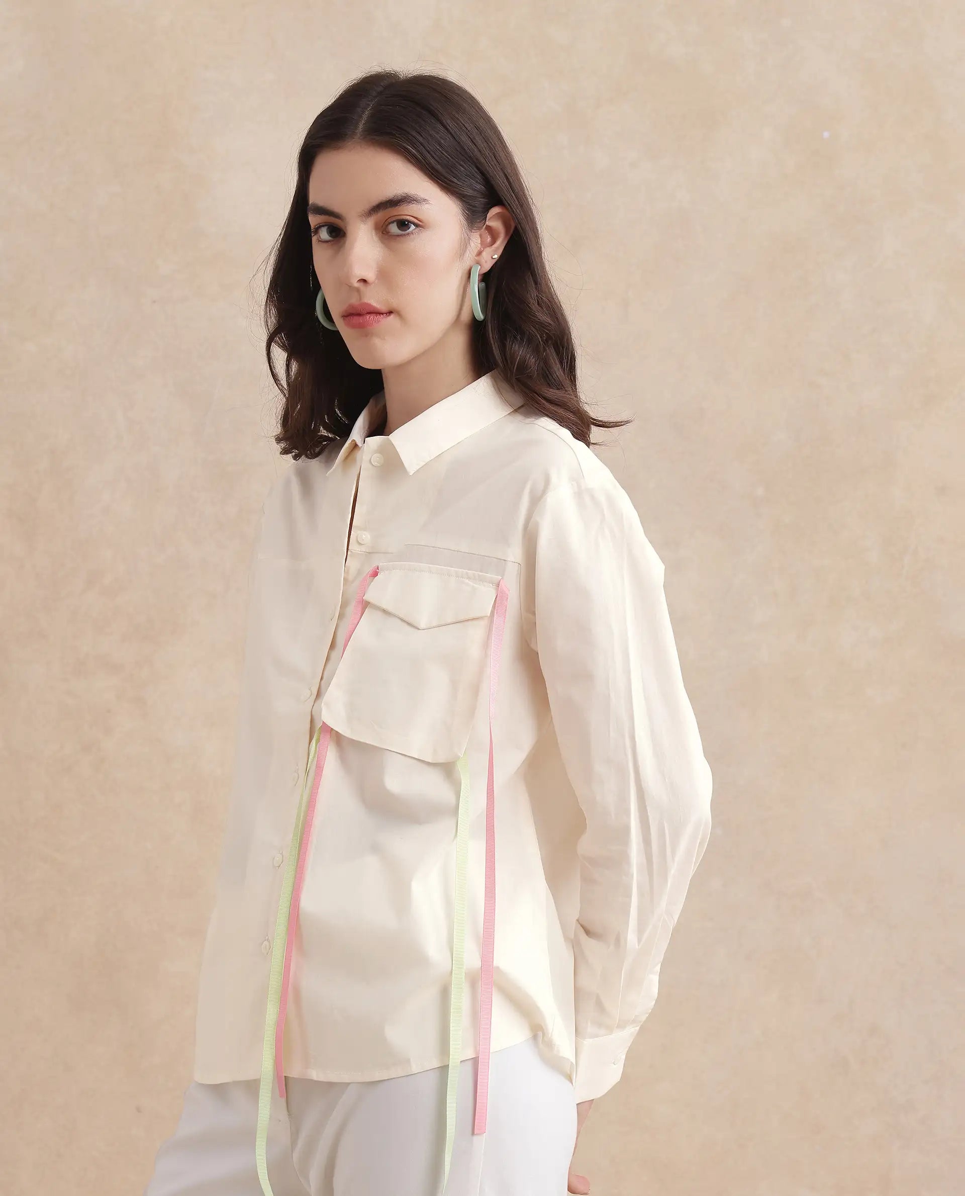 Rareism Women Fetopl Beige Cuffed Sleeve Collared Neck Boxy Fit Graphic Print Shirt