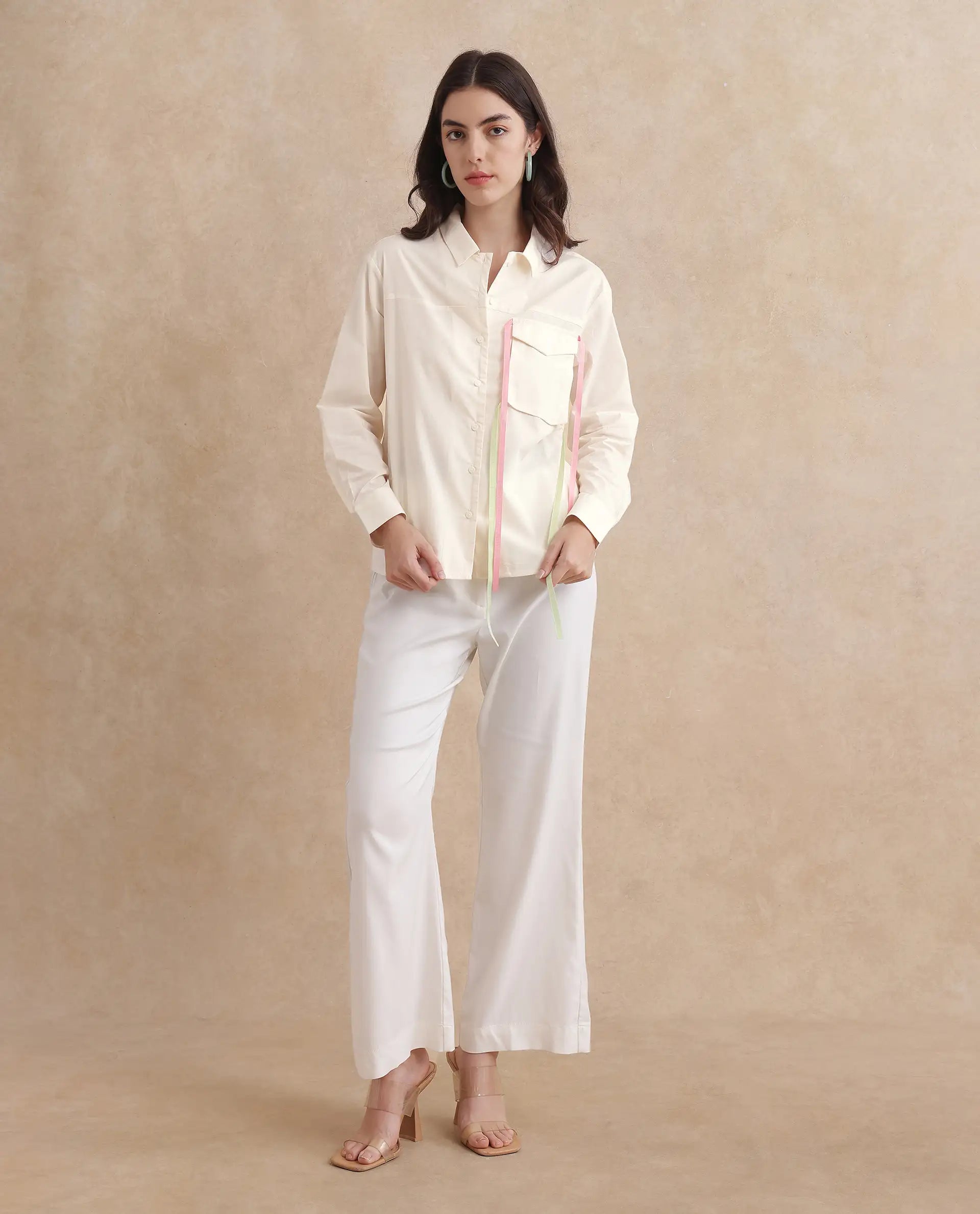 Rareism Women Fetopl Beige Cuffed Sleeve Collared Neck Boxy Fit Graphic Print Shirt