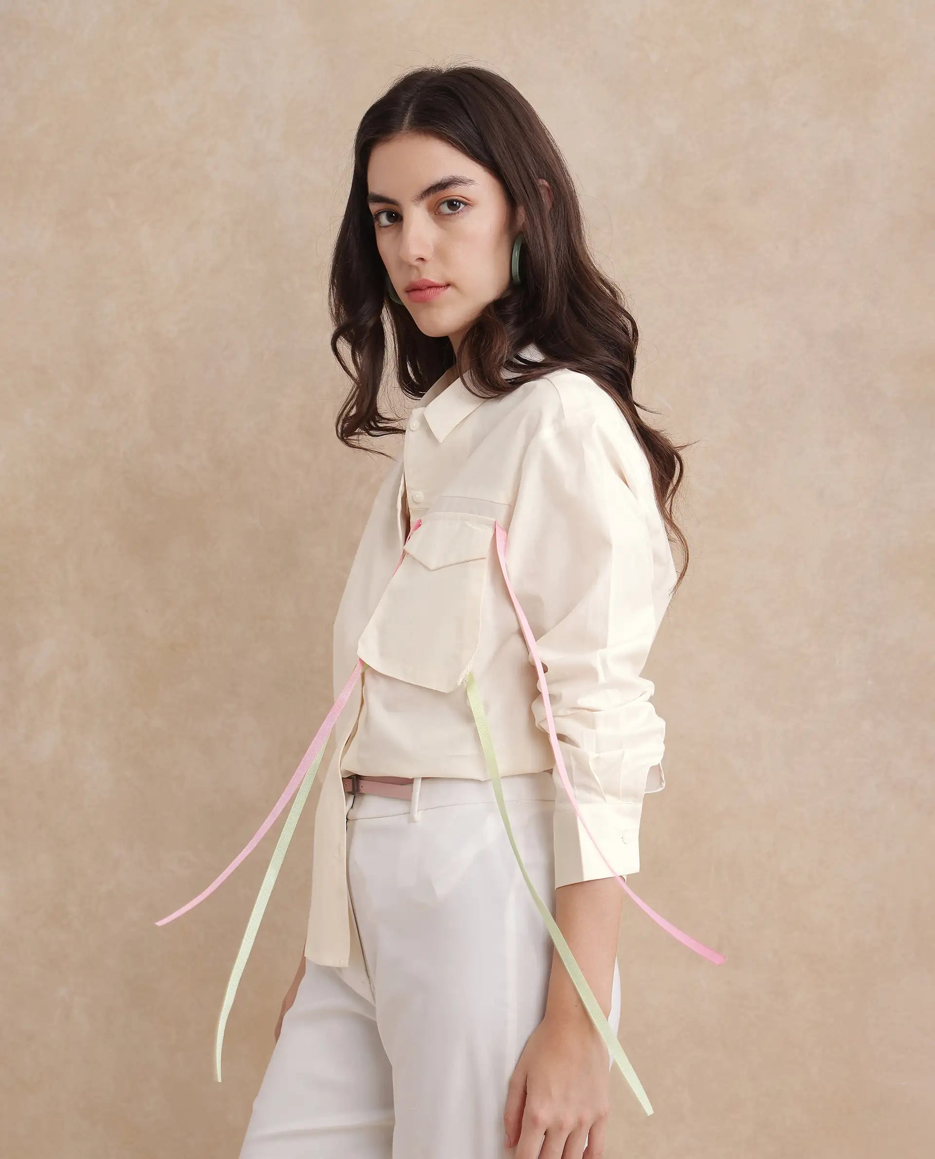 Rareism Women Fetopl Beige Cuffed Sleeve Collared Neck Boxy Fit Graphic Print Shirt