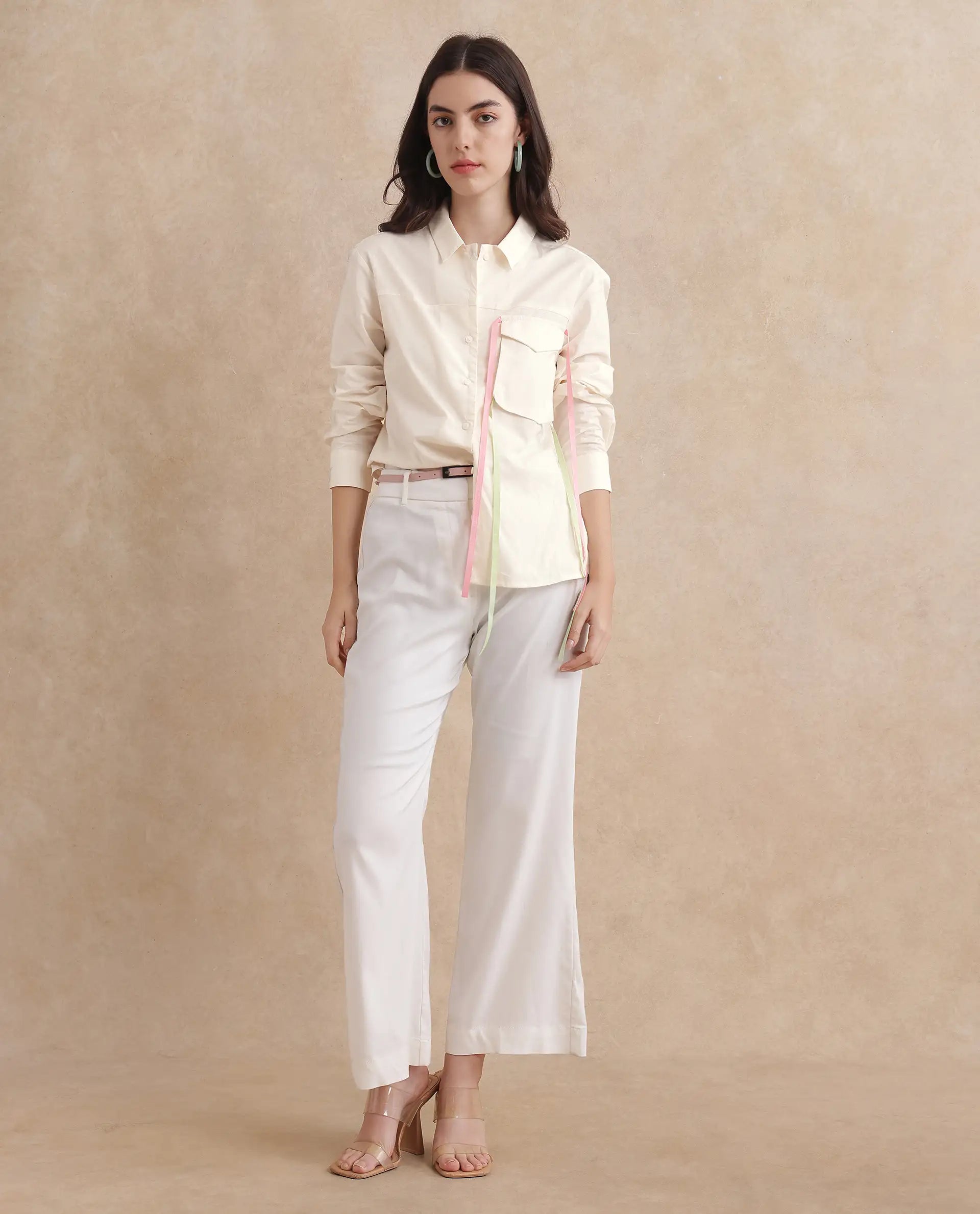 Rareism Women Fetopl Beige Cuffed Sleeve Collared Neck Boxy Fit Graphic Print Shirt