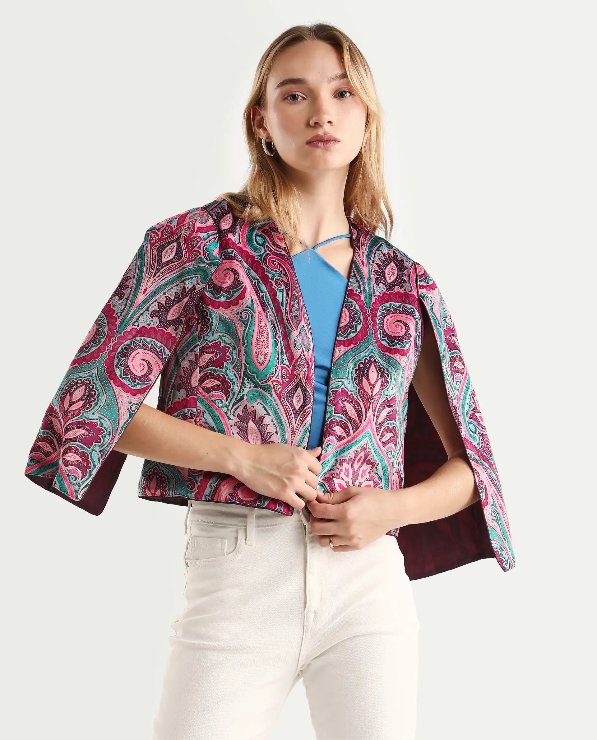Rareism Women's Fewdy Multi Velvet Collarless Paisley Print Crop Regular Fit Jacket