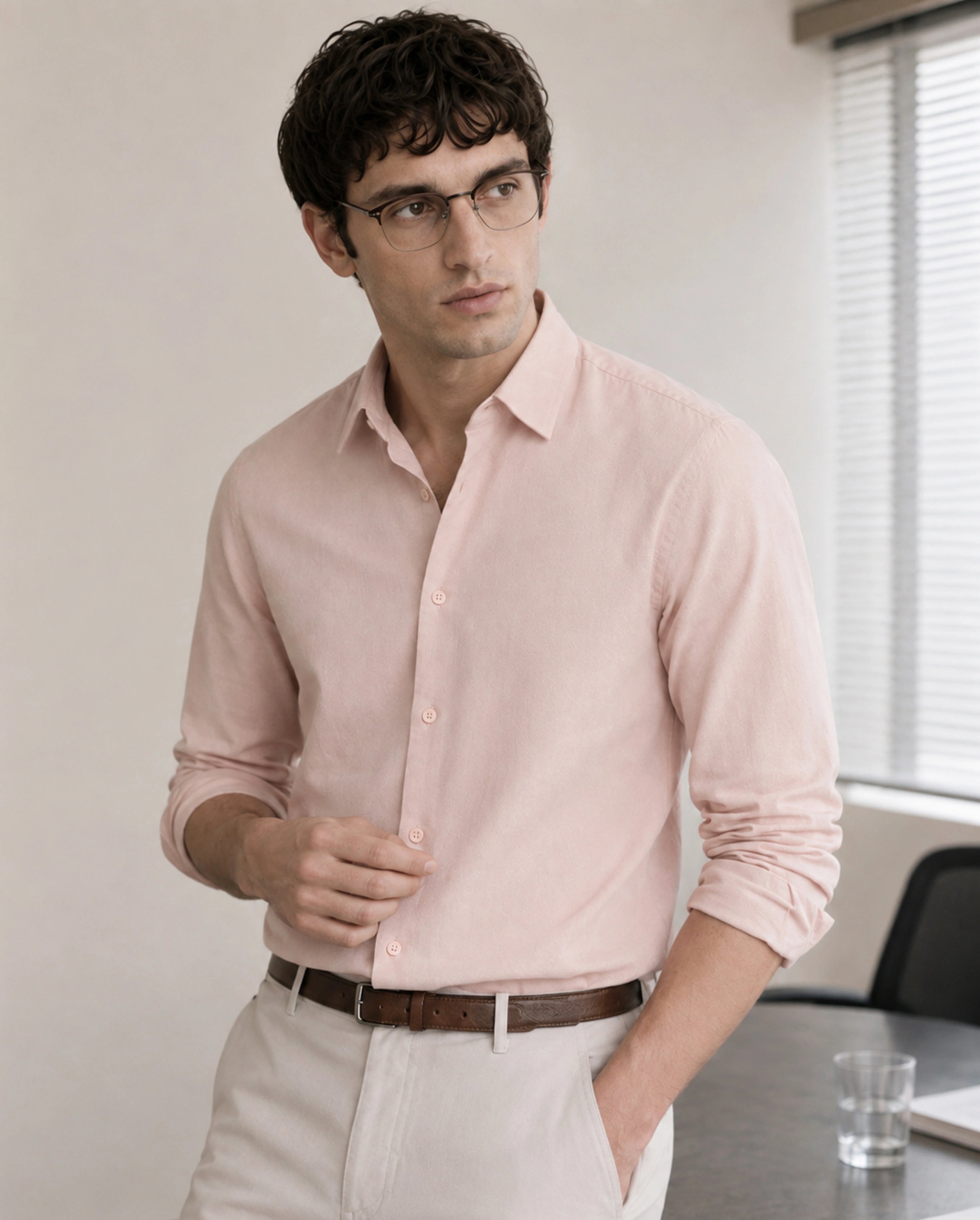 Rare Rabbit Men's Fexa Light Pink Cotton Blend Spread Collar Regular Plain Shirt