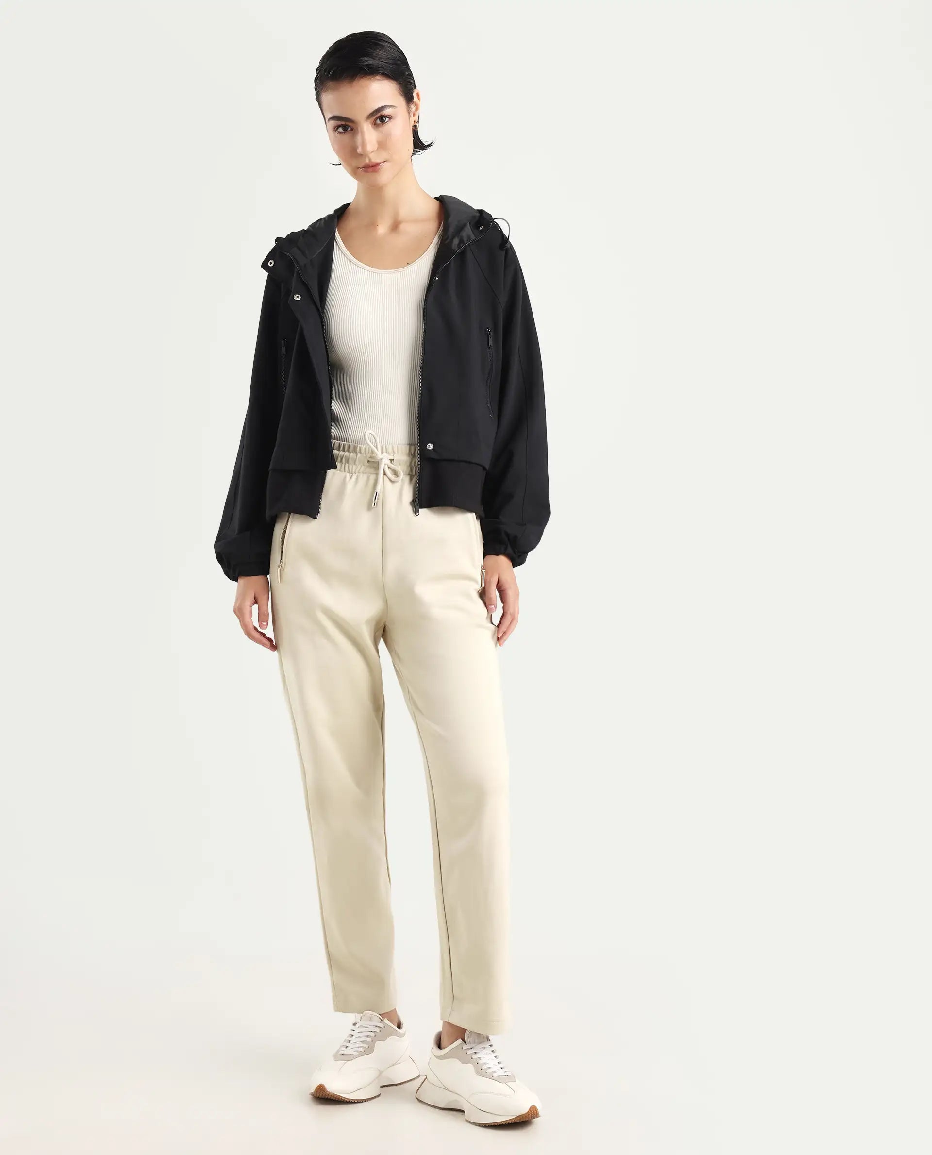 Rareism Women's Fider Beige Cotton Blend Plain Ankle Length Tapered Track Pant