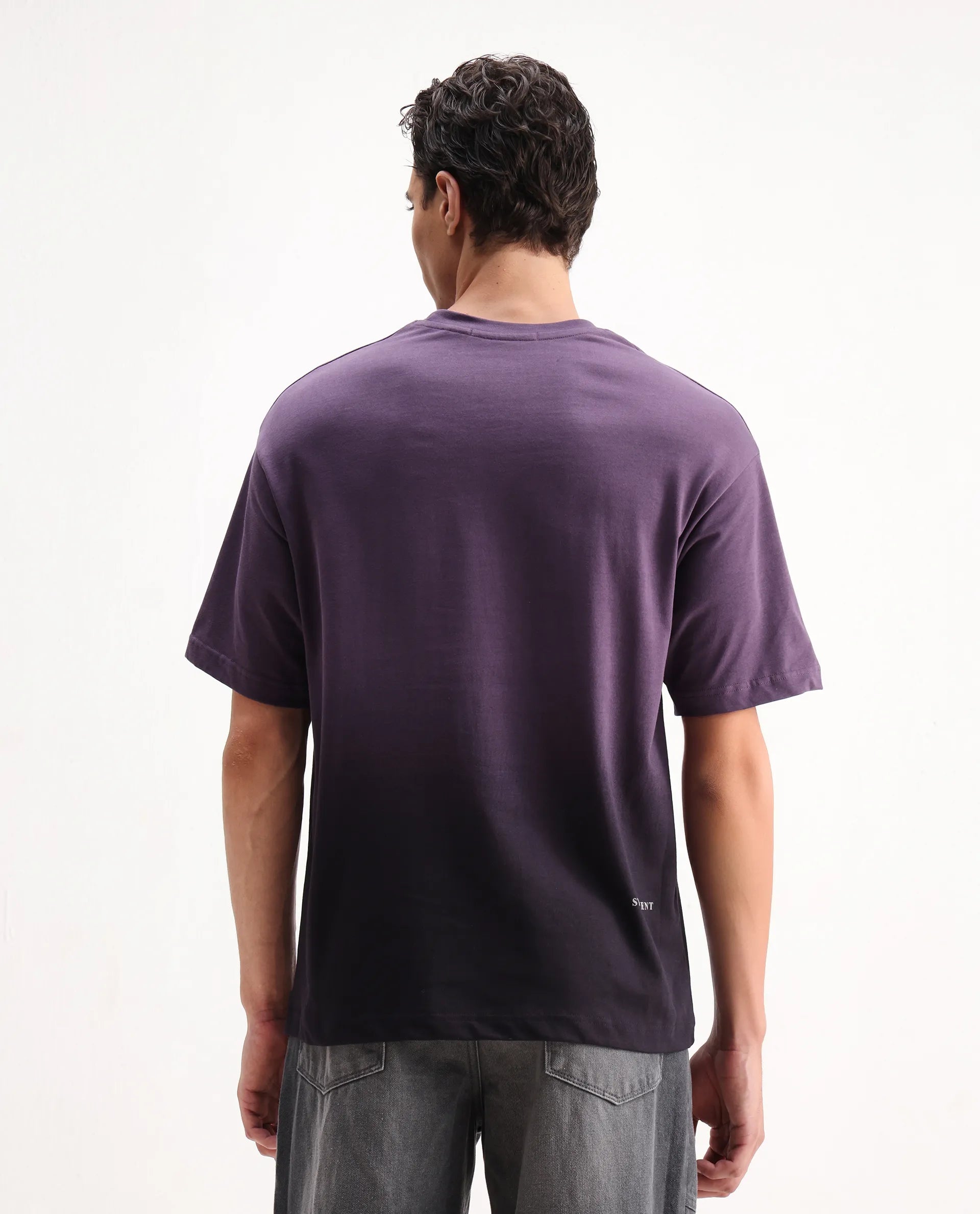 Rare Rabbit Men's Fig Dark Purple Cotton Embroidered Oversized Fit Half Sleeve Crew Neck T-Shirt