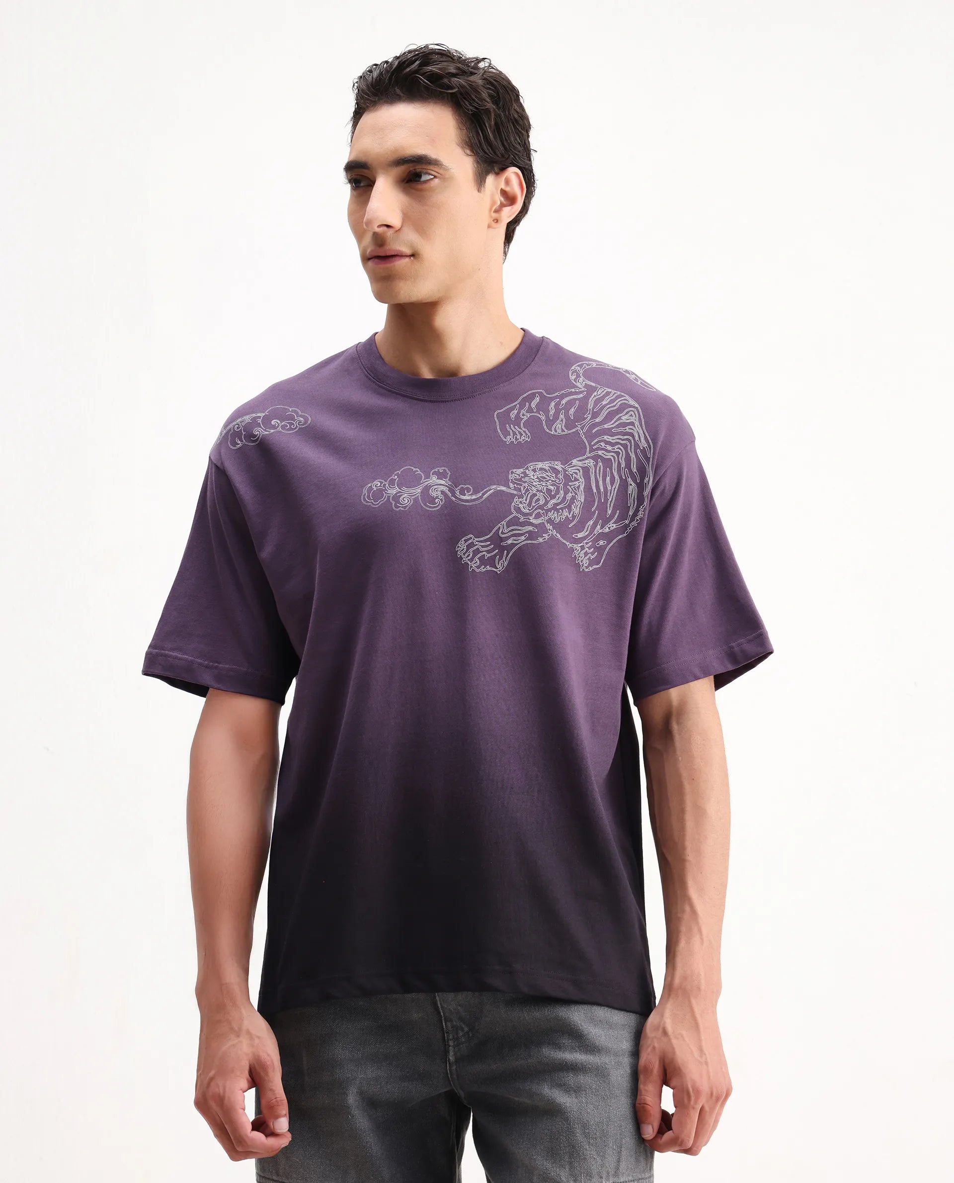 Rare Rabbit Men's Fig Dark Purple Cotton Embroidered Oversized Fit Half Sleeve Crew Neck T-Shirt