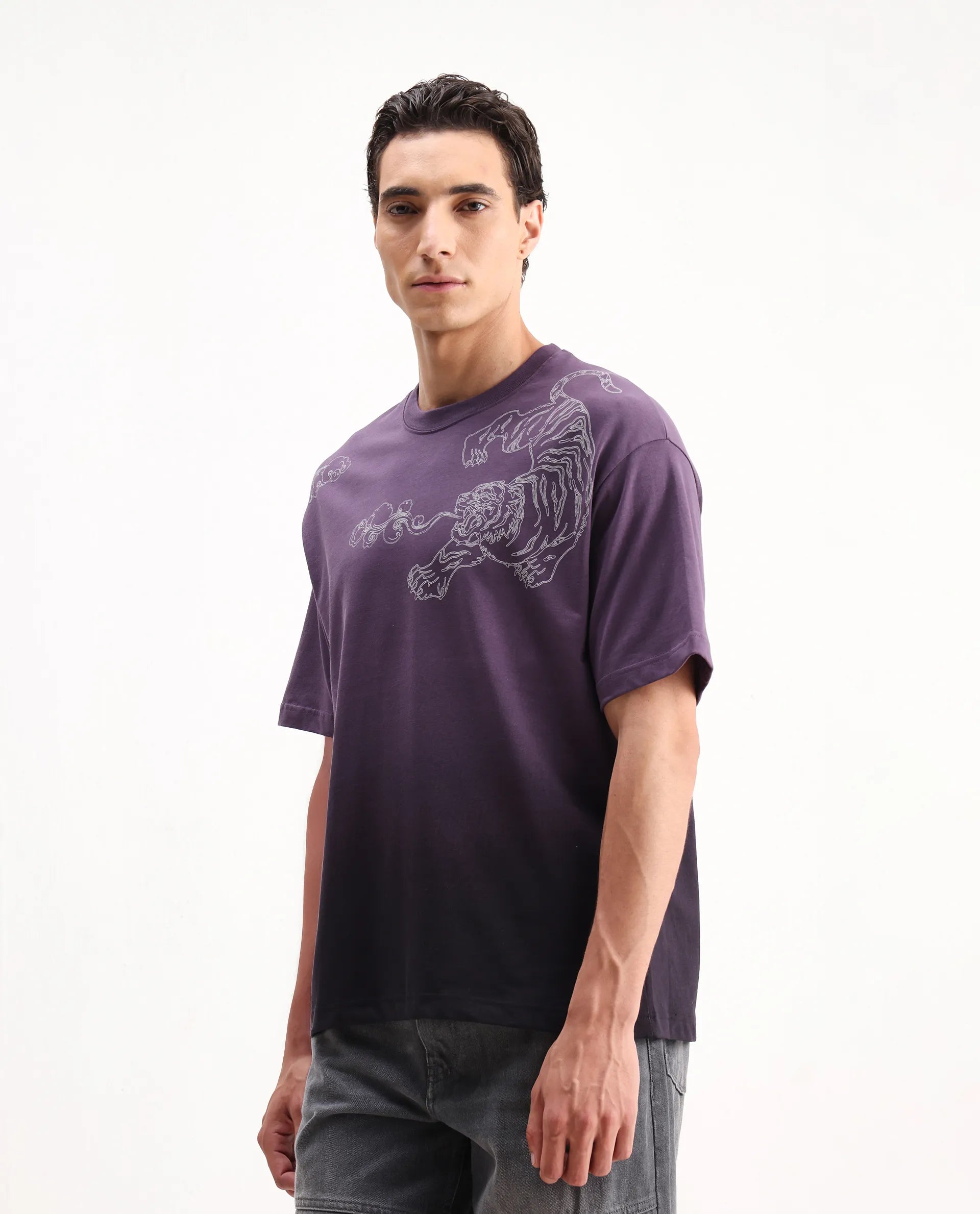 Rare Rabbit Men's Fig Dark Purple Cotton Embroidered Oversized Fit Half Sleeve Crew Neck T-Shirt