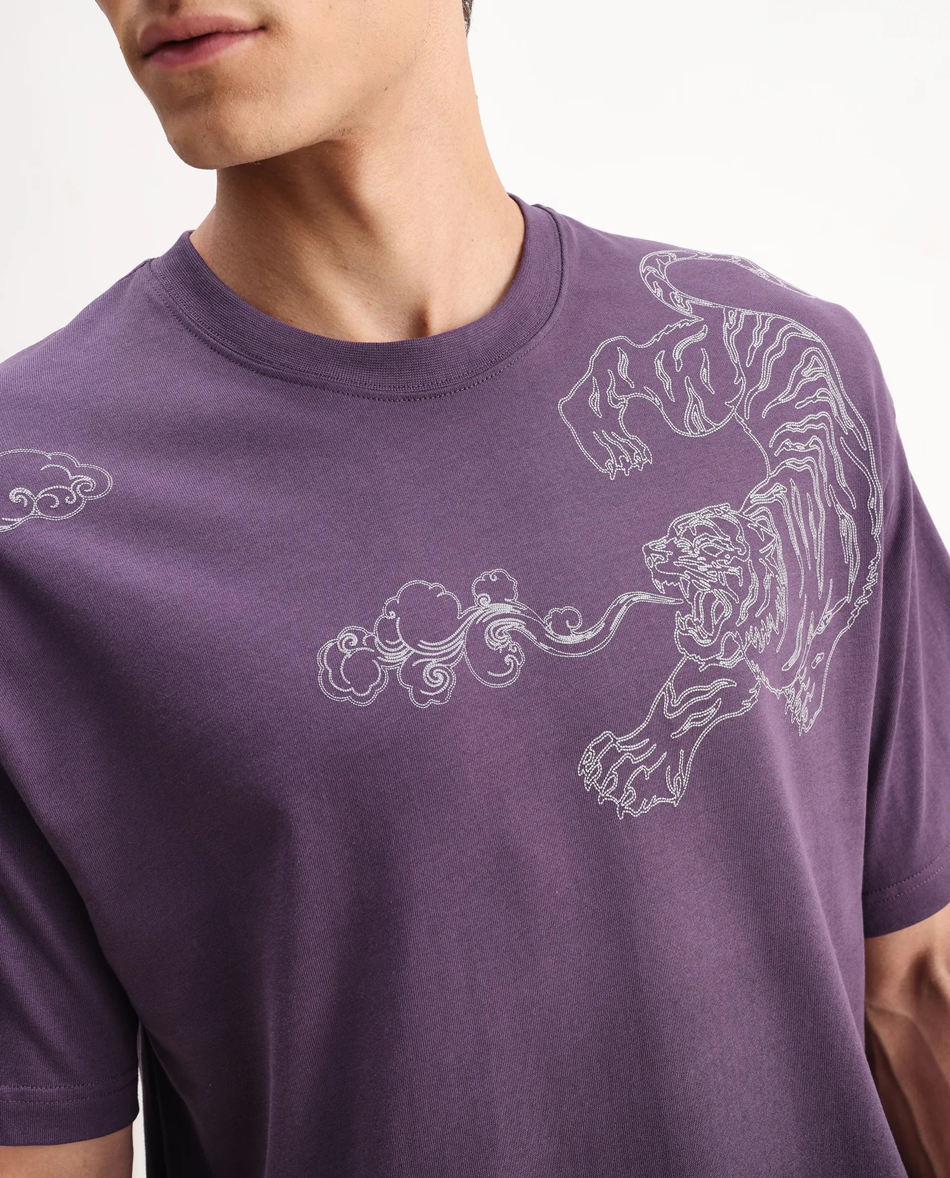 Rare Rabbit Men's Fig Dark Purple Cotton Embroidered Oversized Fit Half Sleeve Crew Neck T-Shirt