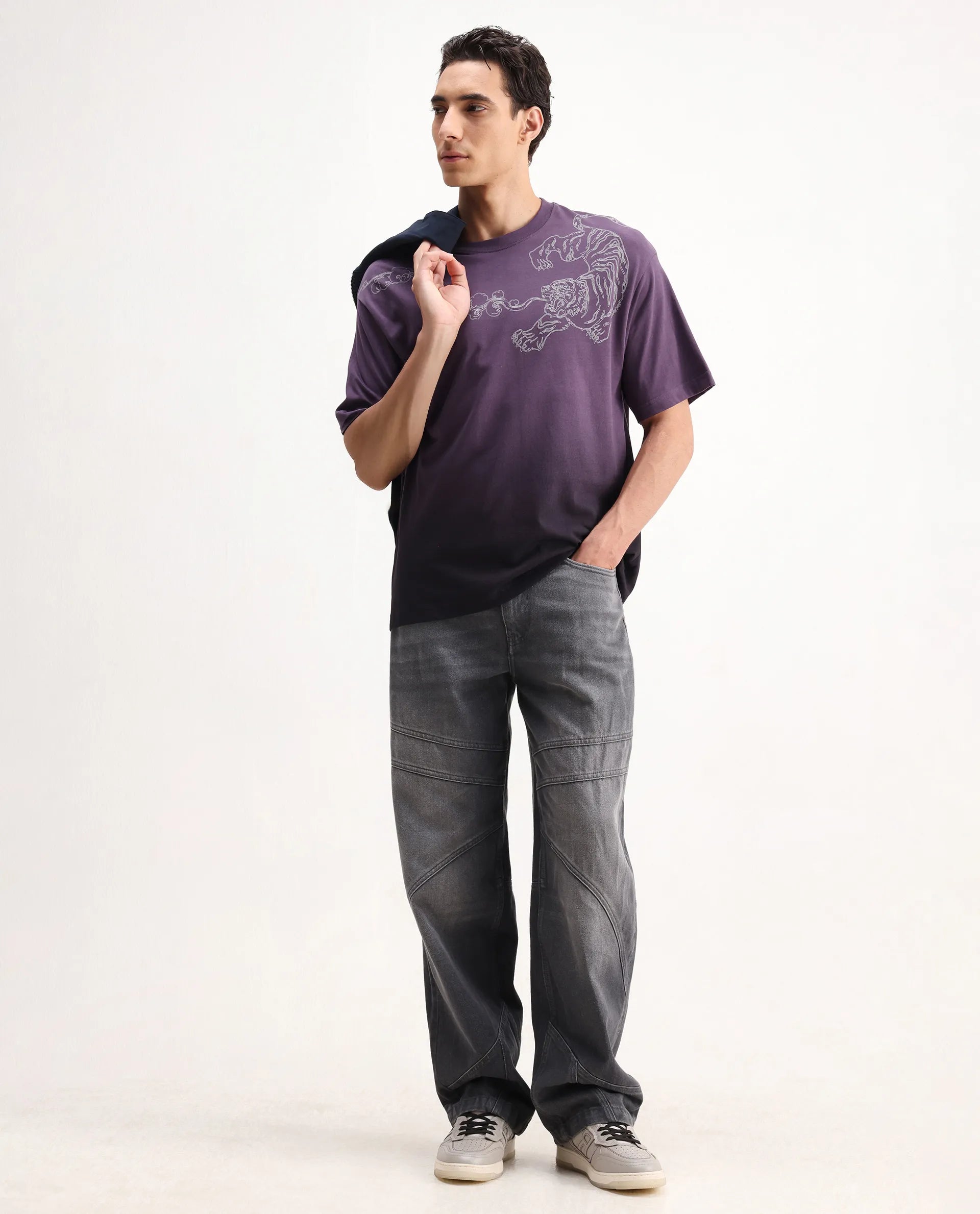 Rare Rabbit Men's Fig Dark Purple Cotton Embroidered Oversized Fit Half Sleeve Crew Neck T-Shirt