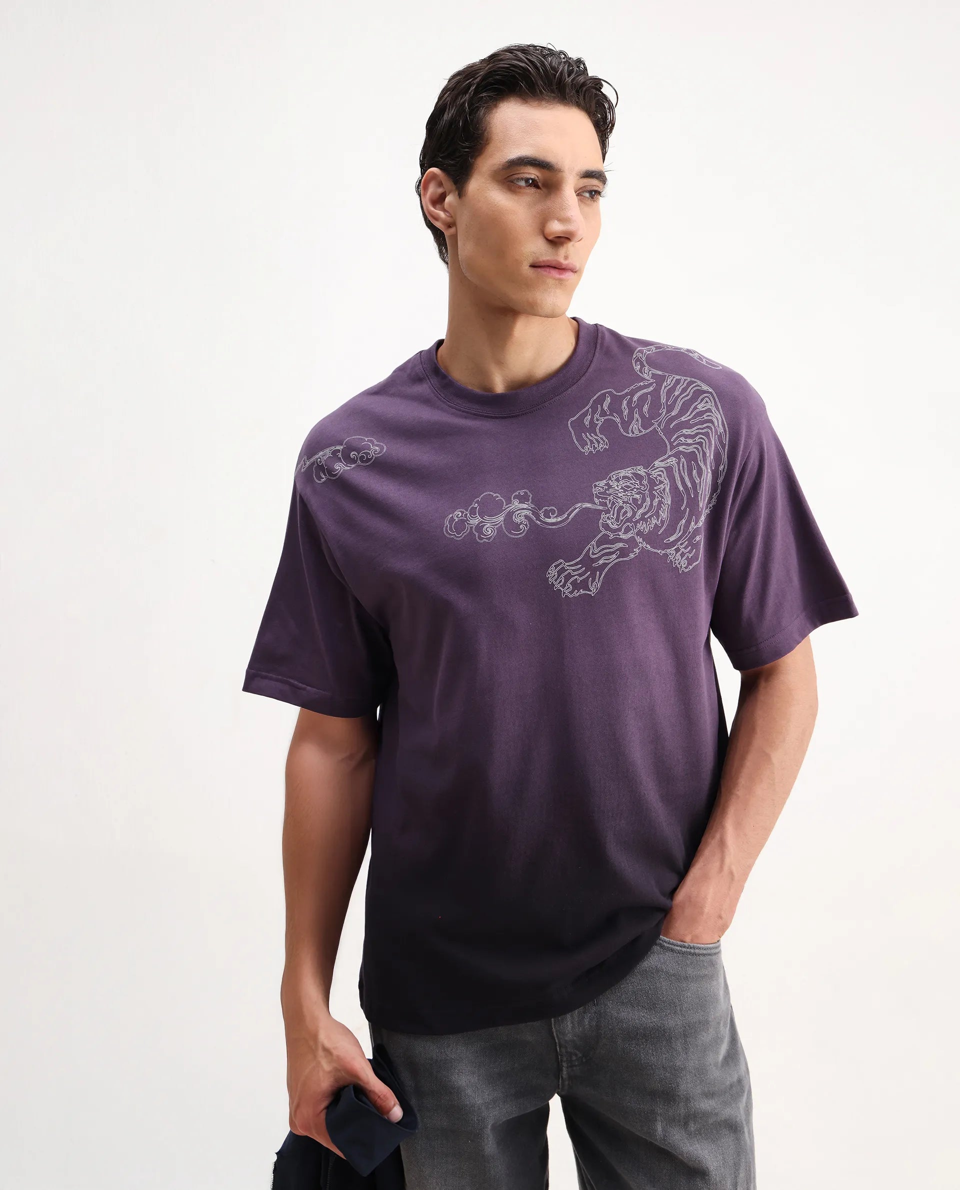 Rare Rabbit Men's Fig Dark Purple Cotton Embroidered Oversized Fit Half Sleeve Crew Neck T-Shirt