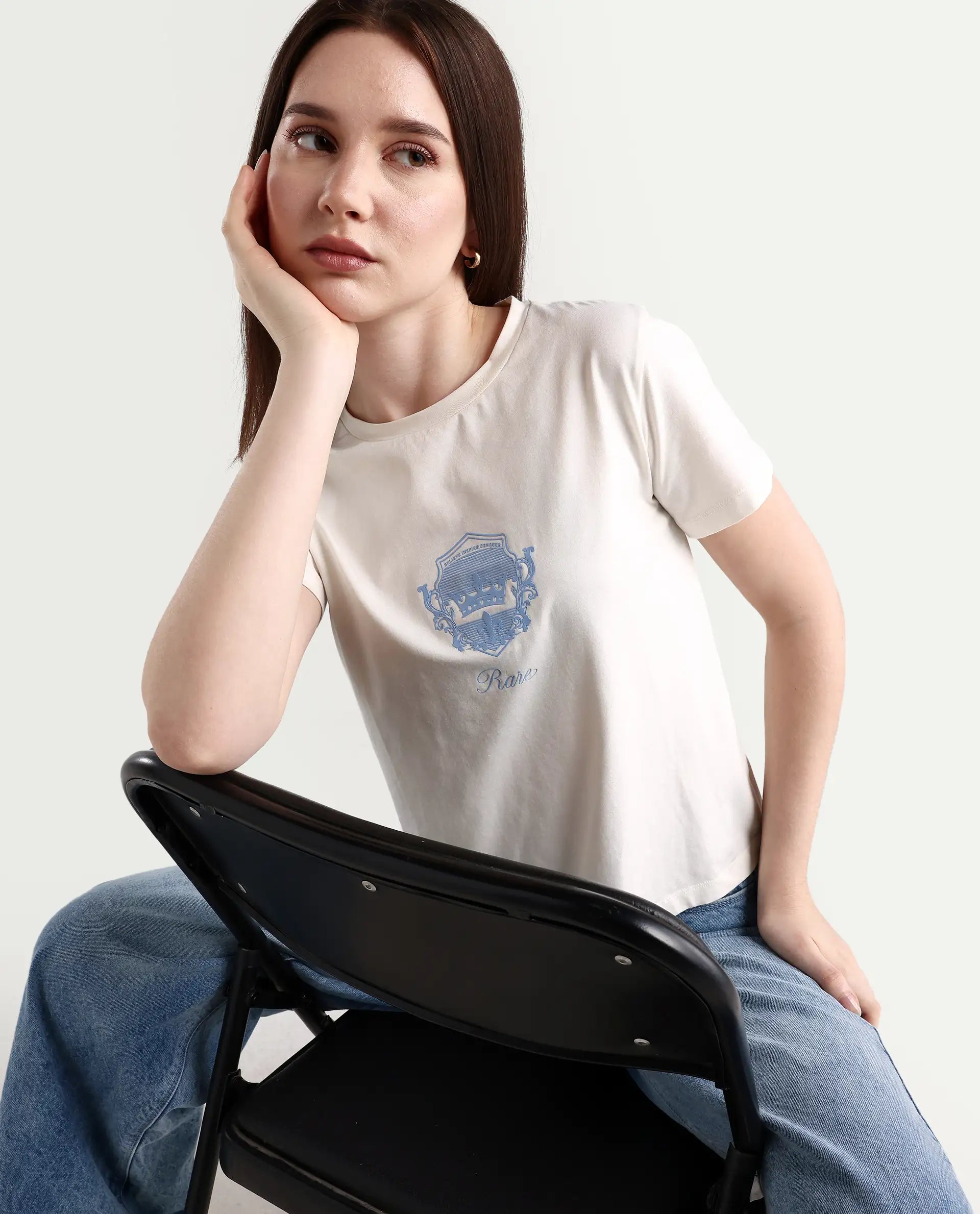 Rareism Women's Fila - Off White Cotton Blend Crew Neck Graphic Print Regular Fit T-Shirt