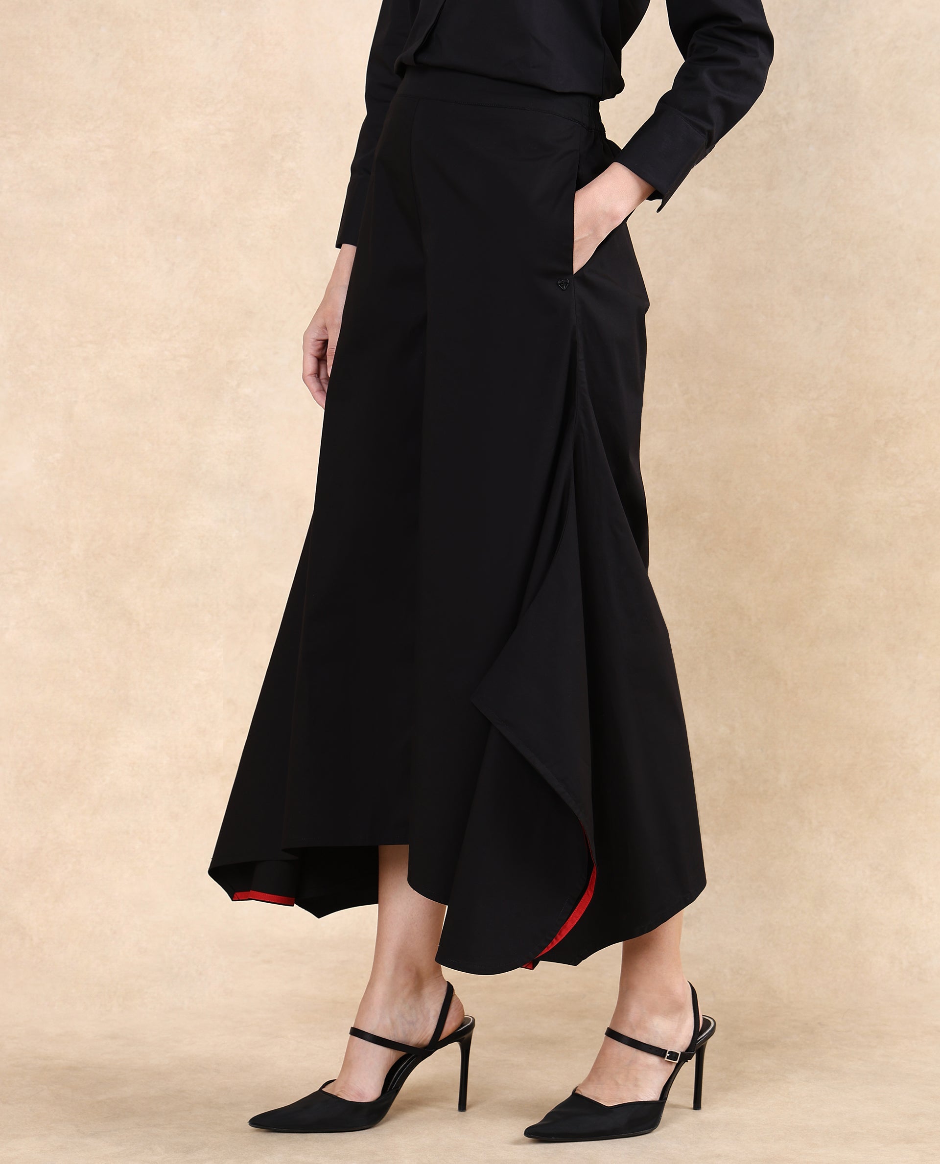 Rareism Women Filom Black Cotton Blend Fabric Flared Ankle Length Plain Trouser