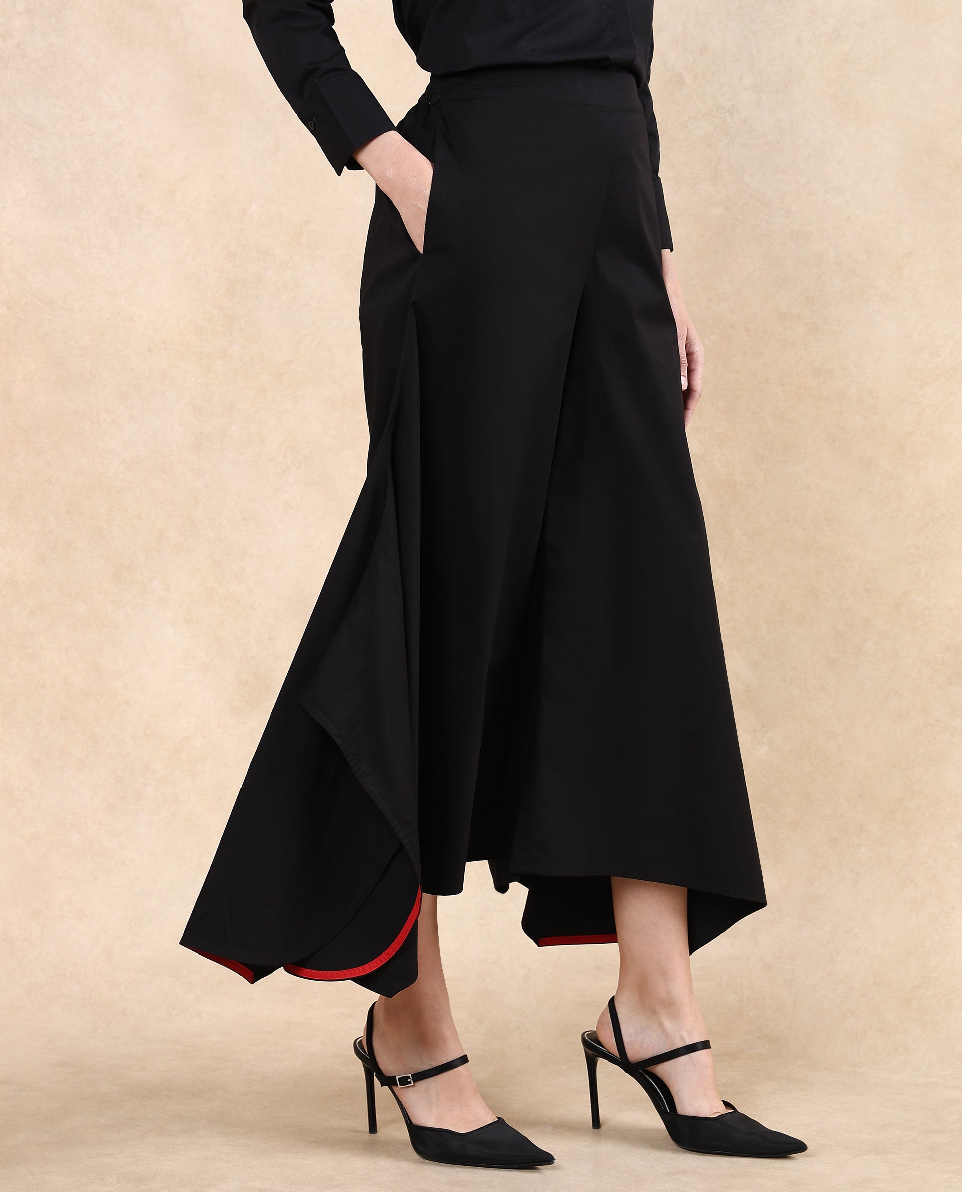 Rareism Women Filom Black Cotton Blend Fabric Flared Ankle Length Plain Trouser