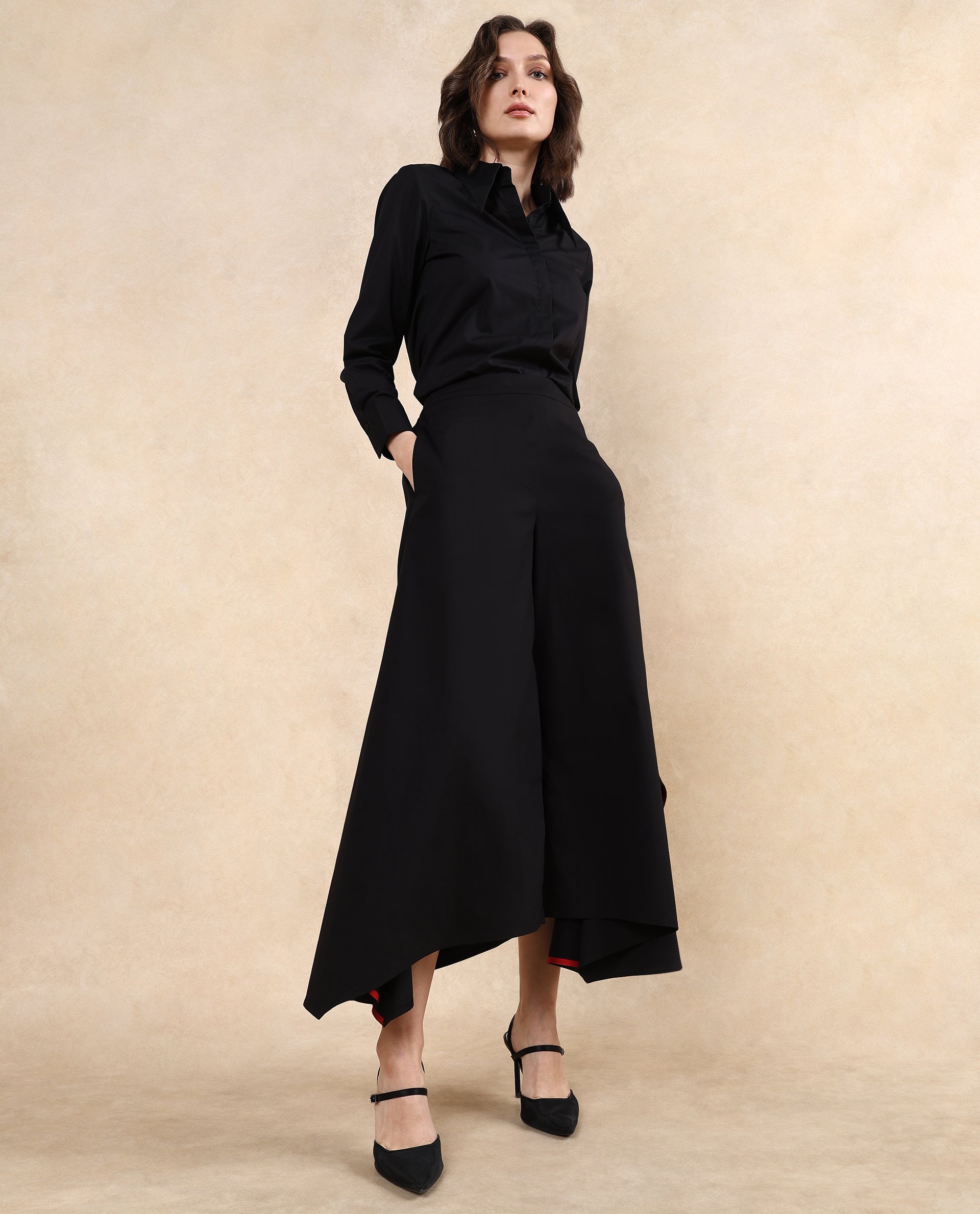 Rareism Women Filom Black Cotton Blend Fabric Flared Ankle Length Plain Trouser