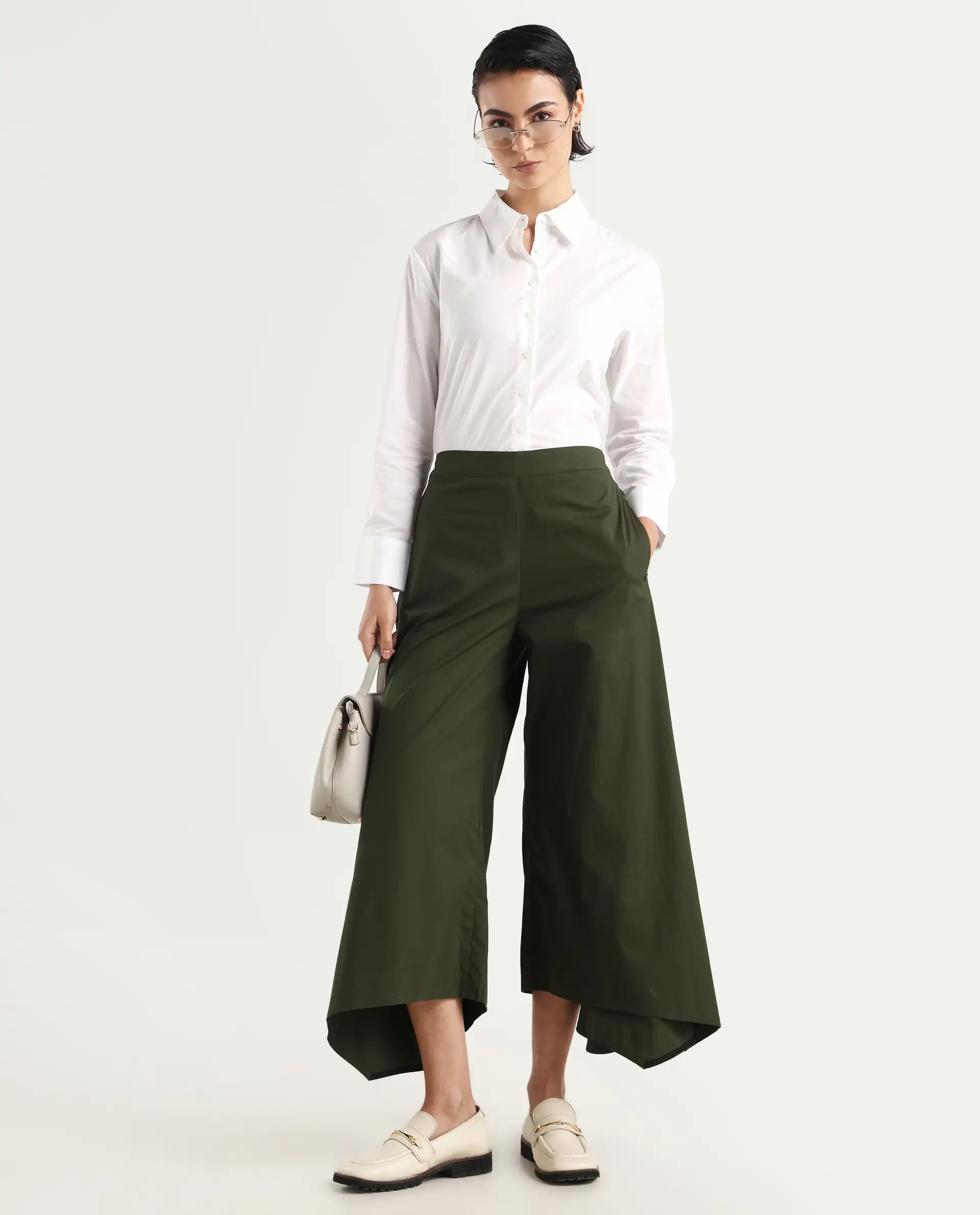 Rareism Women's Filom Green Cotton Blend Plain Ankle Length Flared Trouser