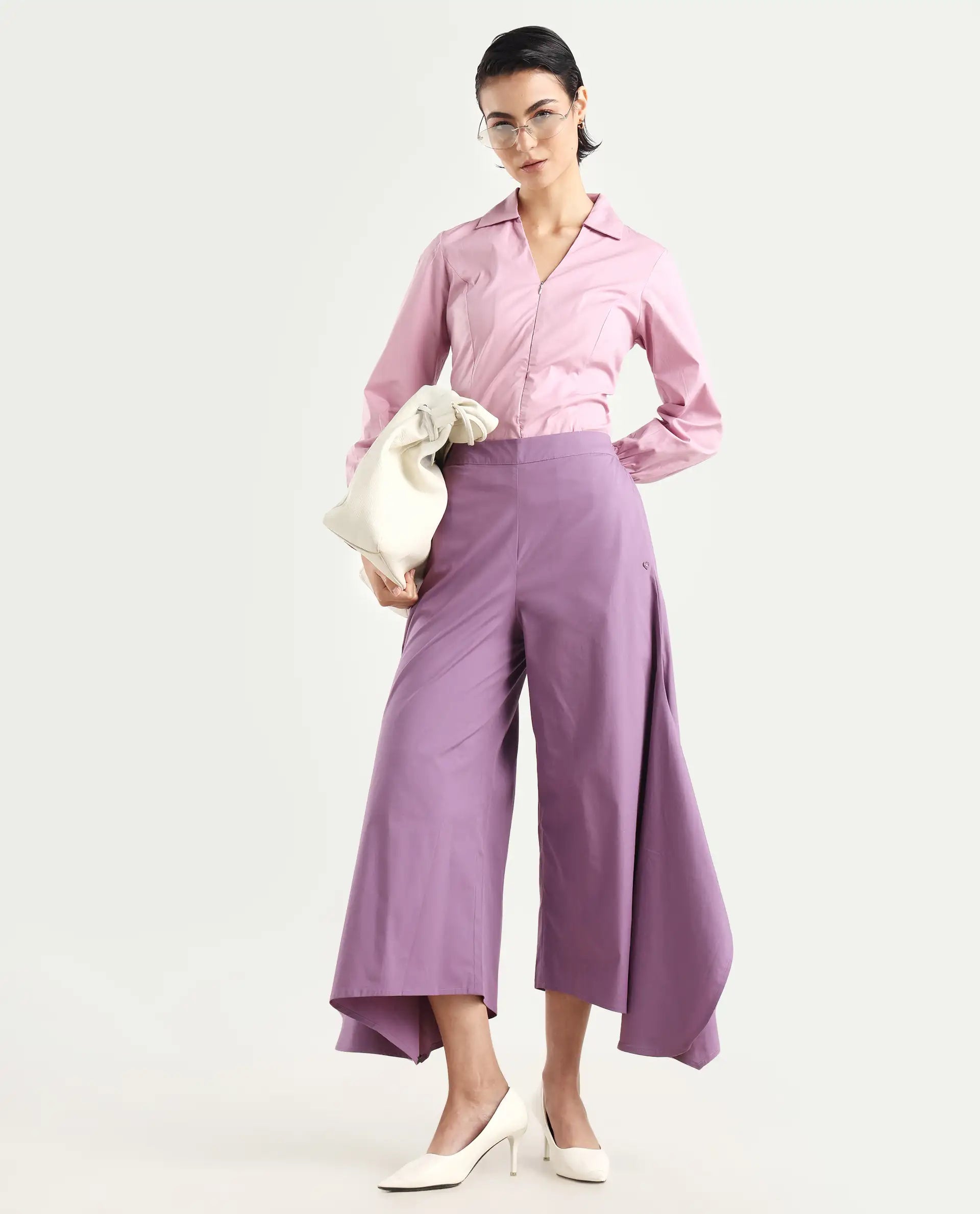 Rareism Women's Filom Dusky Purple Cotton Blend Plain Ankle Length Flared Trouser