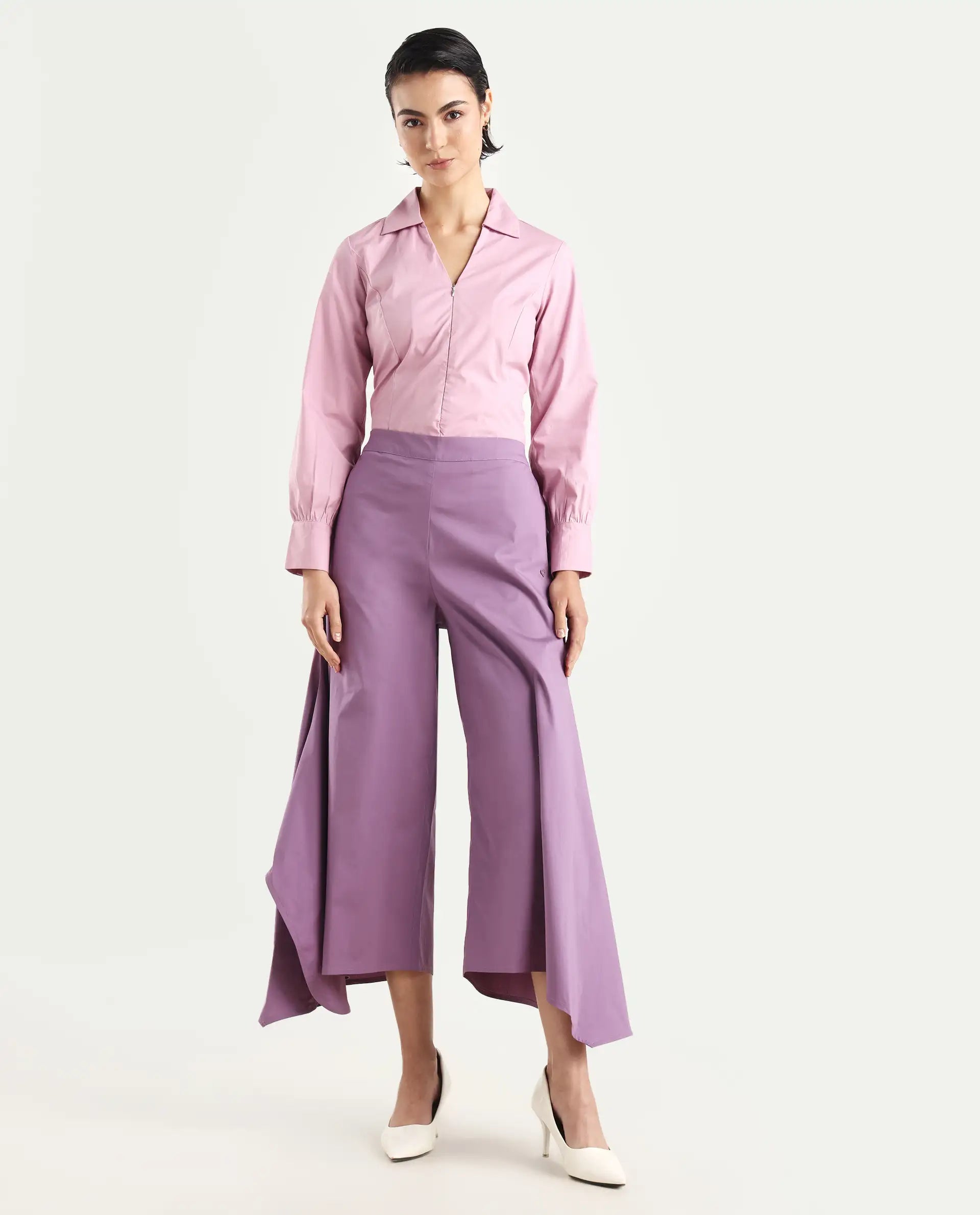 Rareism Women's Filom Dusky Purple Cotton Blend Plain Ankle Length Flared Trouser