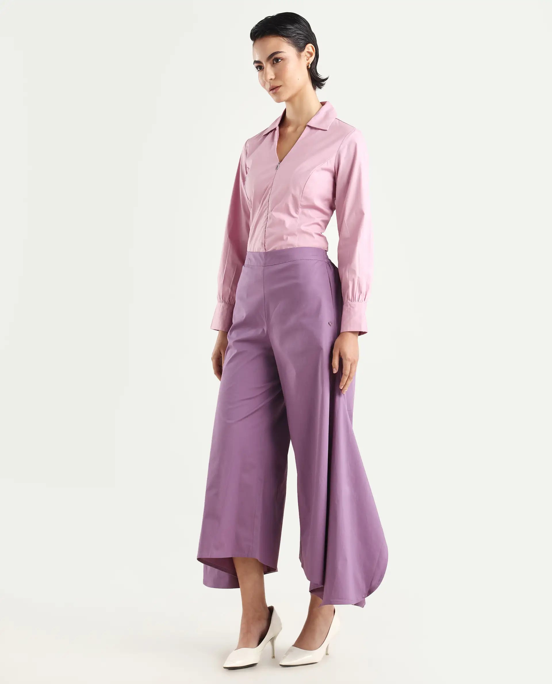 Rareism Women's Filom Dusky Purple Cotton Blend Plain Ankle Length Flared Trouser