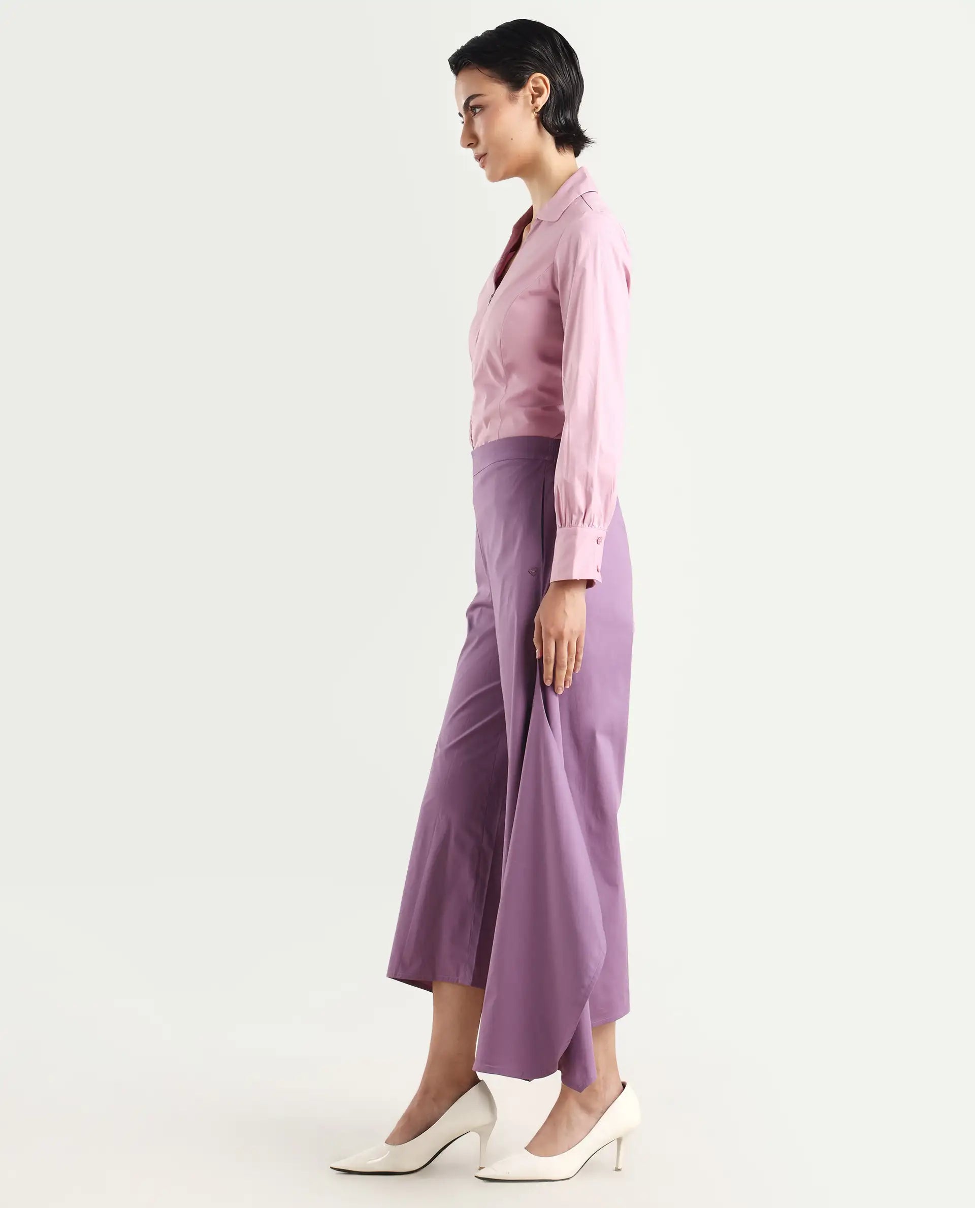 Rareism Women's Filom Dusky Purple Cotton Blend Plain Ankle Length Flared Trouser