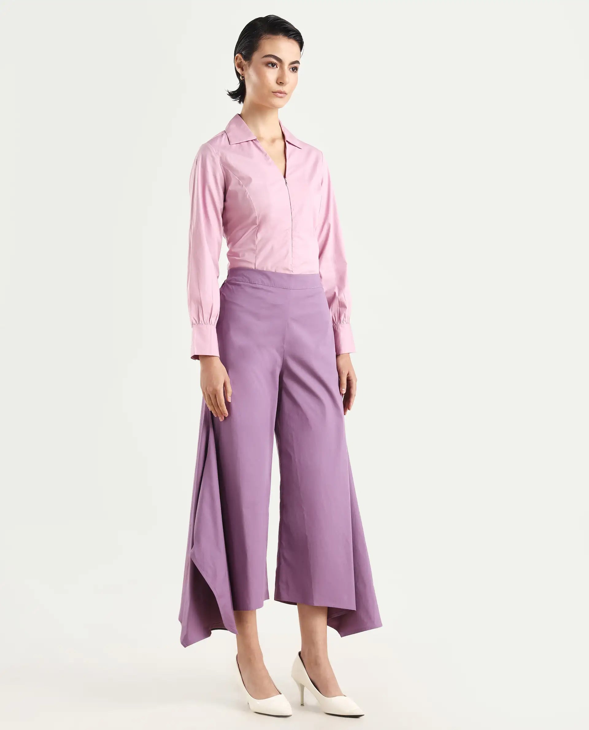 Rareism Women's Filom Dusky Purple Cotton Blend Plain Ankle Length Flared Trouser